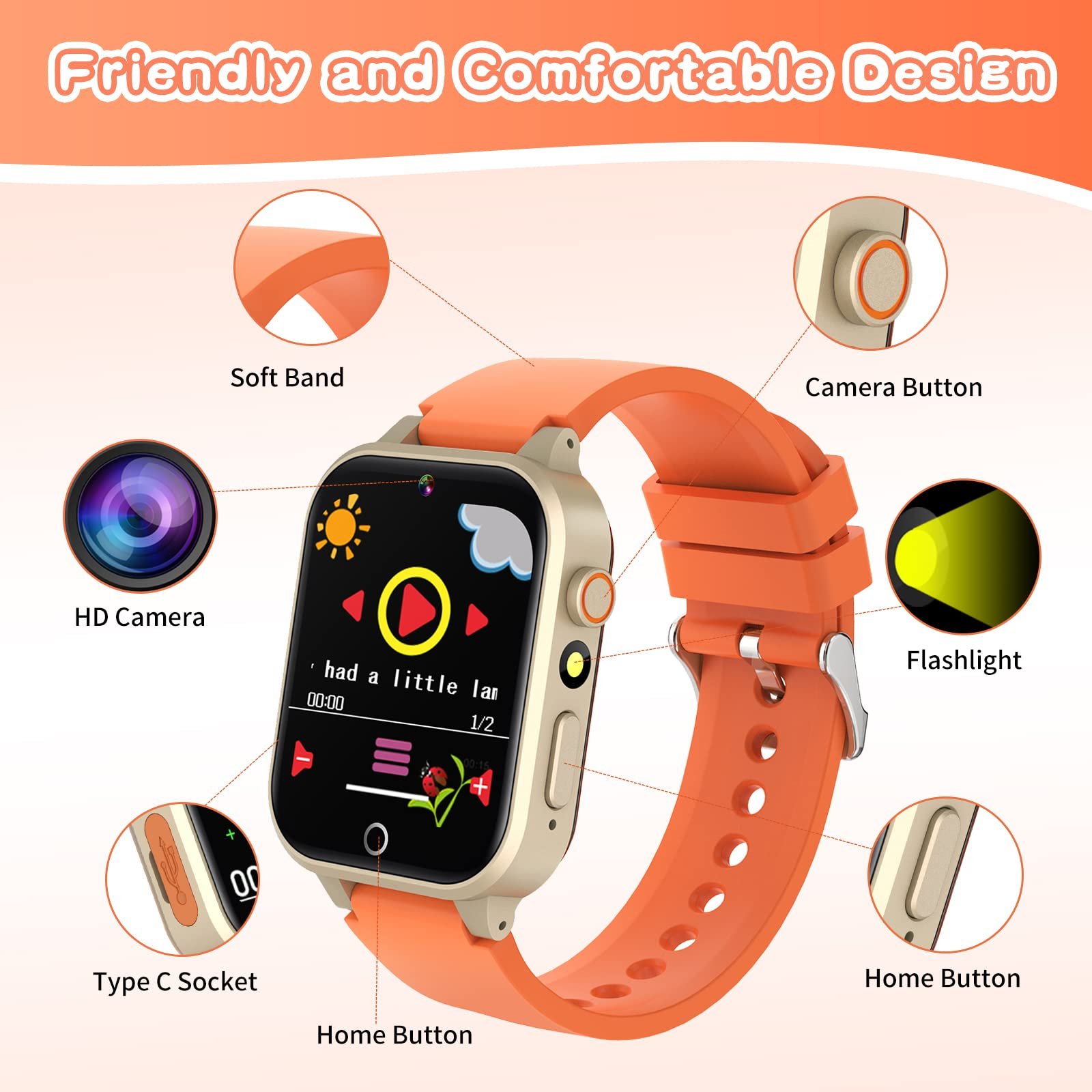 Eine Kinder-Smartwatch, mit Touchscreen und orangenem Armband. Merkmale: Kamera, Home-Taste und Taschenlampe.