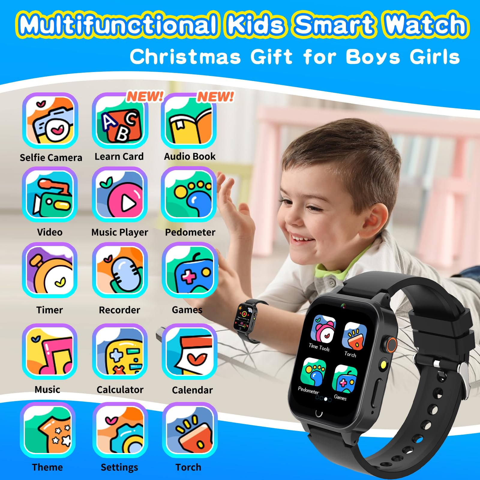 Ein Kind trägt eine Smartwatch mit Icons von Funktionen auf dem Bildschirm.