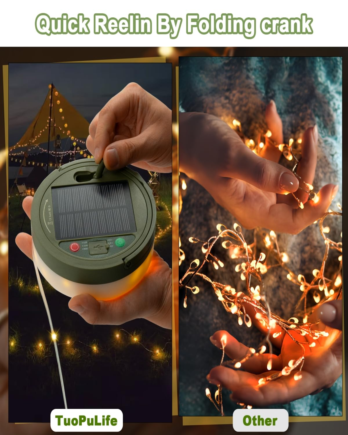 Ein Solar-Campingleuchte, in der Hand einer Person, verbunden mit Lichterketten zum Campen, mit Text.