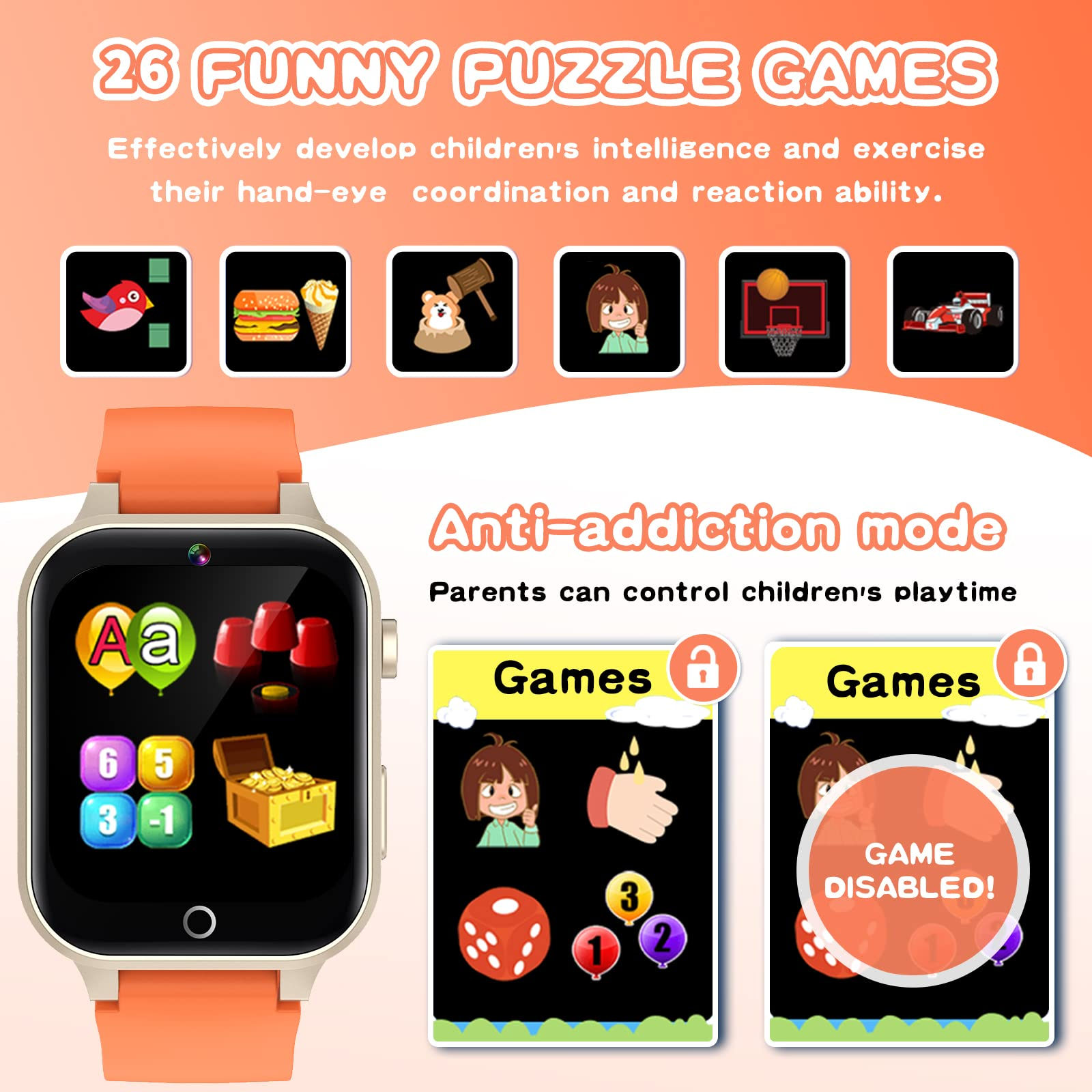 Orangene Smartwatch mit bunten Puzzlespiel-Symbolen auf dem Bildschirm. Text über Anti-Sucht-Modus.