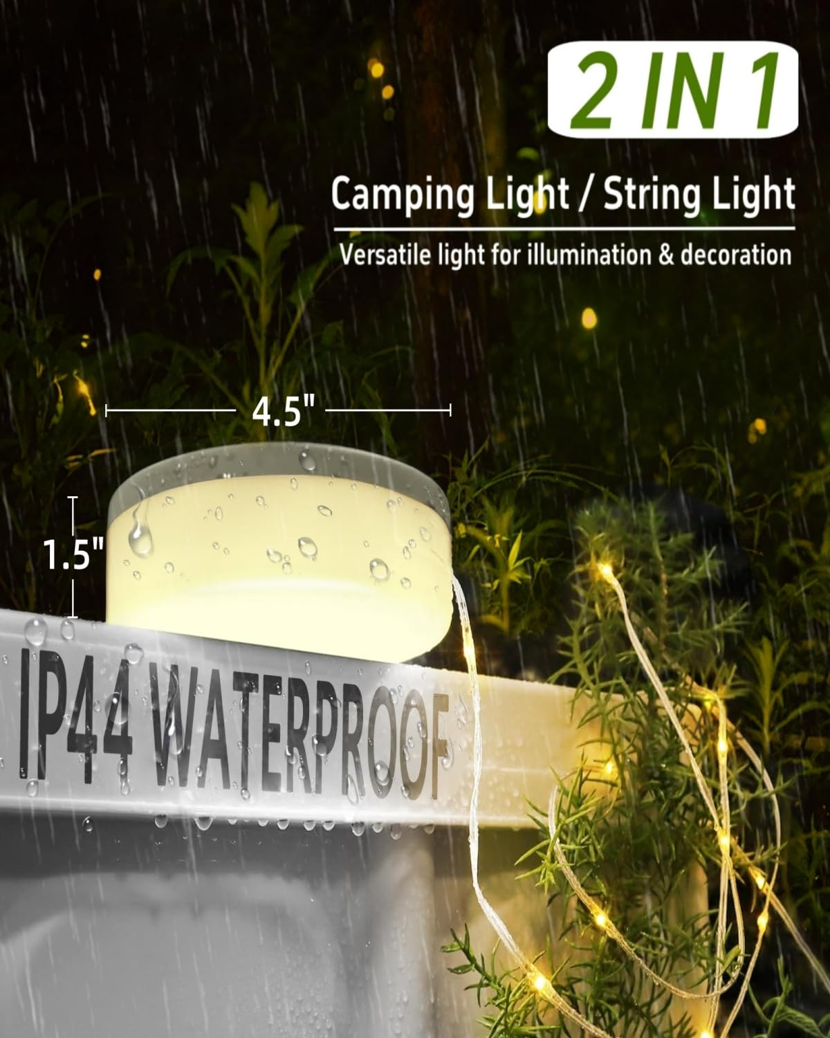 Eine wasserdichte Camping- und Lichterkette mit Text über ihre Vielseitigkeit und Abmessungen.