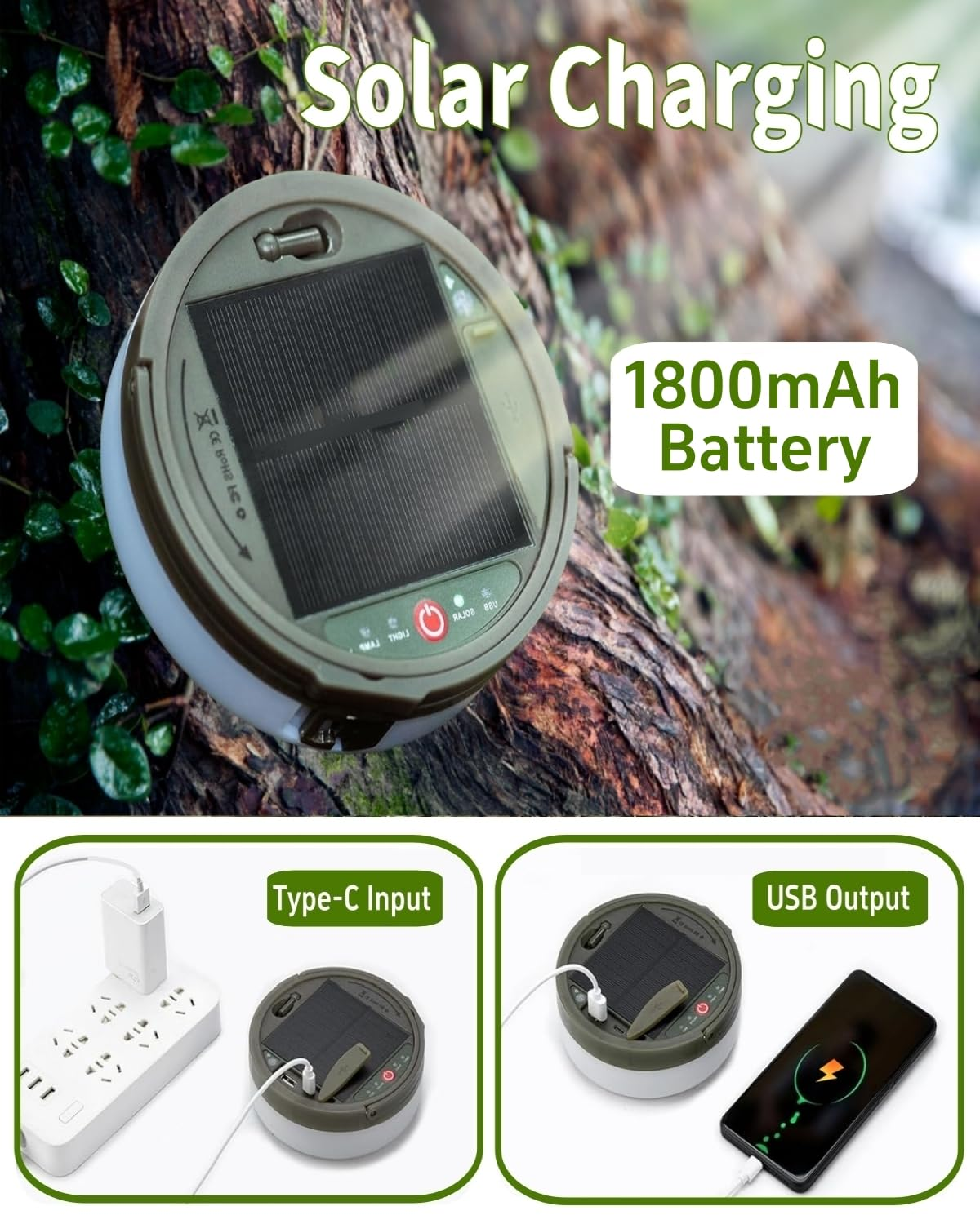 Eine solarbetriebene Campinglaterne. Sie hat ein Solarpanel und einen USB-Ladeanschluss.