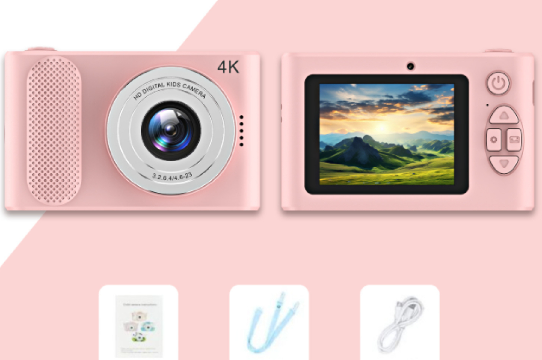 Rosa Digitalkamera mit zwei Ansichten, vorne und hinten, mit Zubehör und rosa Hintergrund.