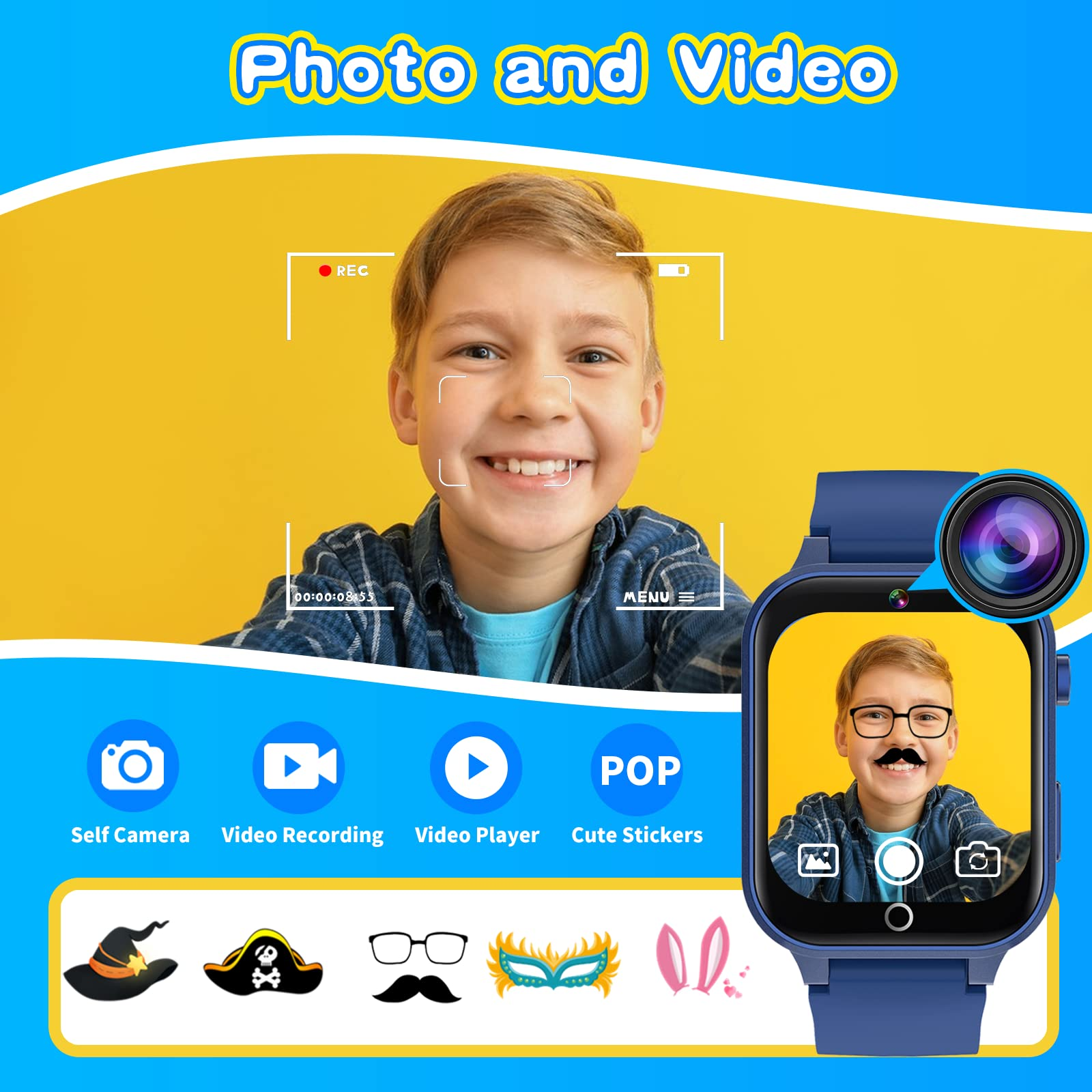 Kind mit Smartwatch, zeigt Foto- und Videoaufnahmefunktionen.
