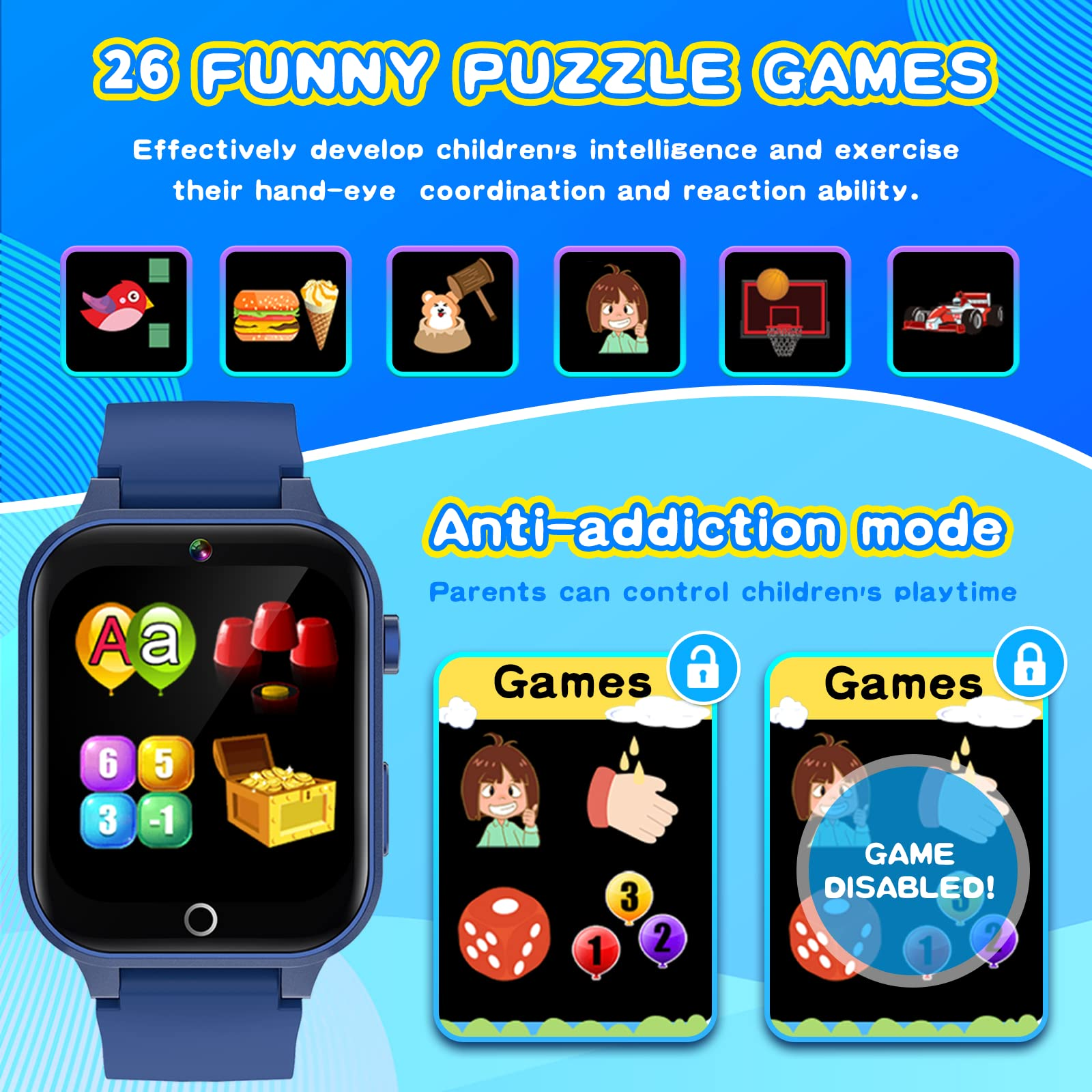 Blaue Smartwatch mit Puzzlespielen und Anti-Sucht-Modus, mit einer Schatzkiste.