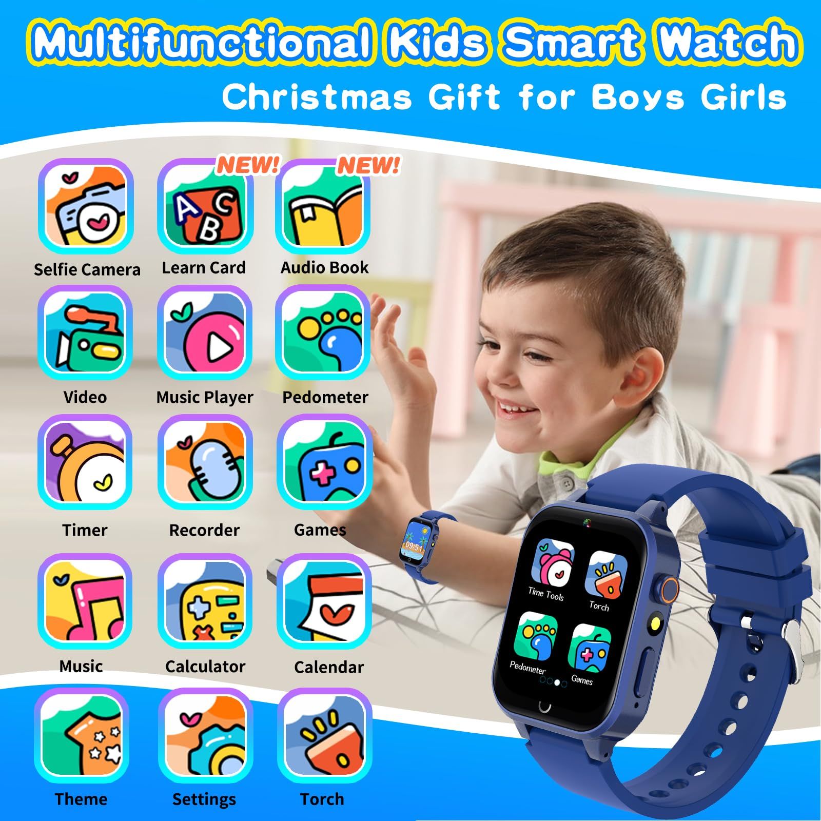 Ein Kind mit einer Smartwatch, umgeben von Symbolen der Funktionen und Merkmale der Uhr.