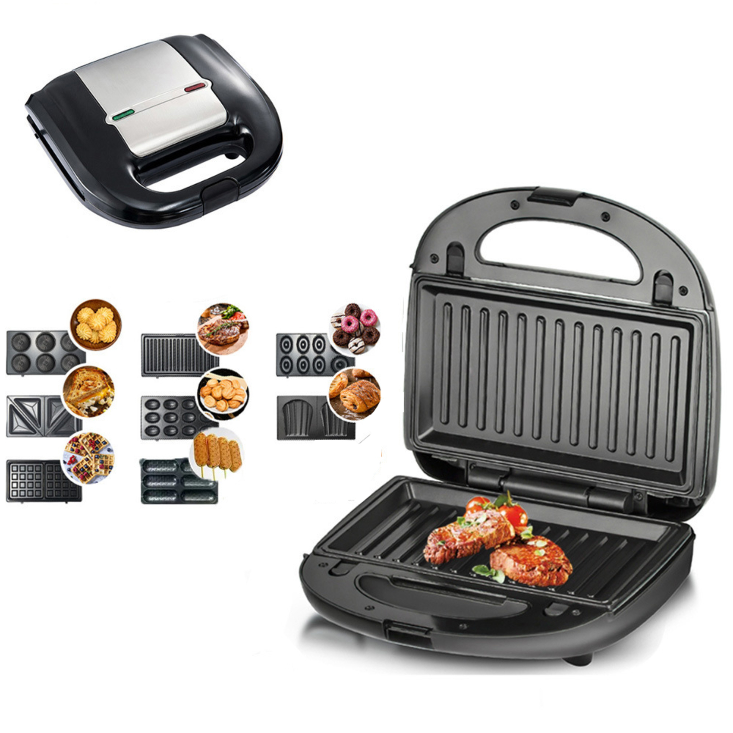 Schwarzer Sandwichmaker mit verschiedenen Einsätzen. Gegrilltes Essen wird gezeigt. Zusätzliche Einsätze für verschiedene Speisen.