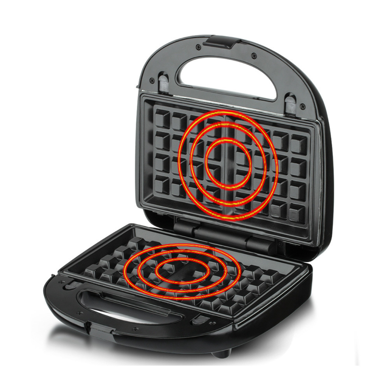 Schwarzes Waffeleisen geöffnet, mit sichtbaren roten Heizelementen.