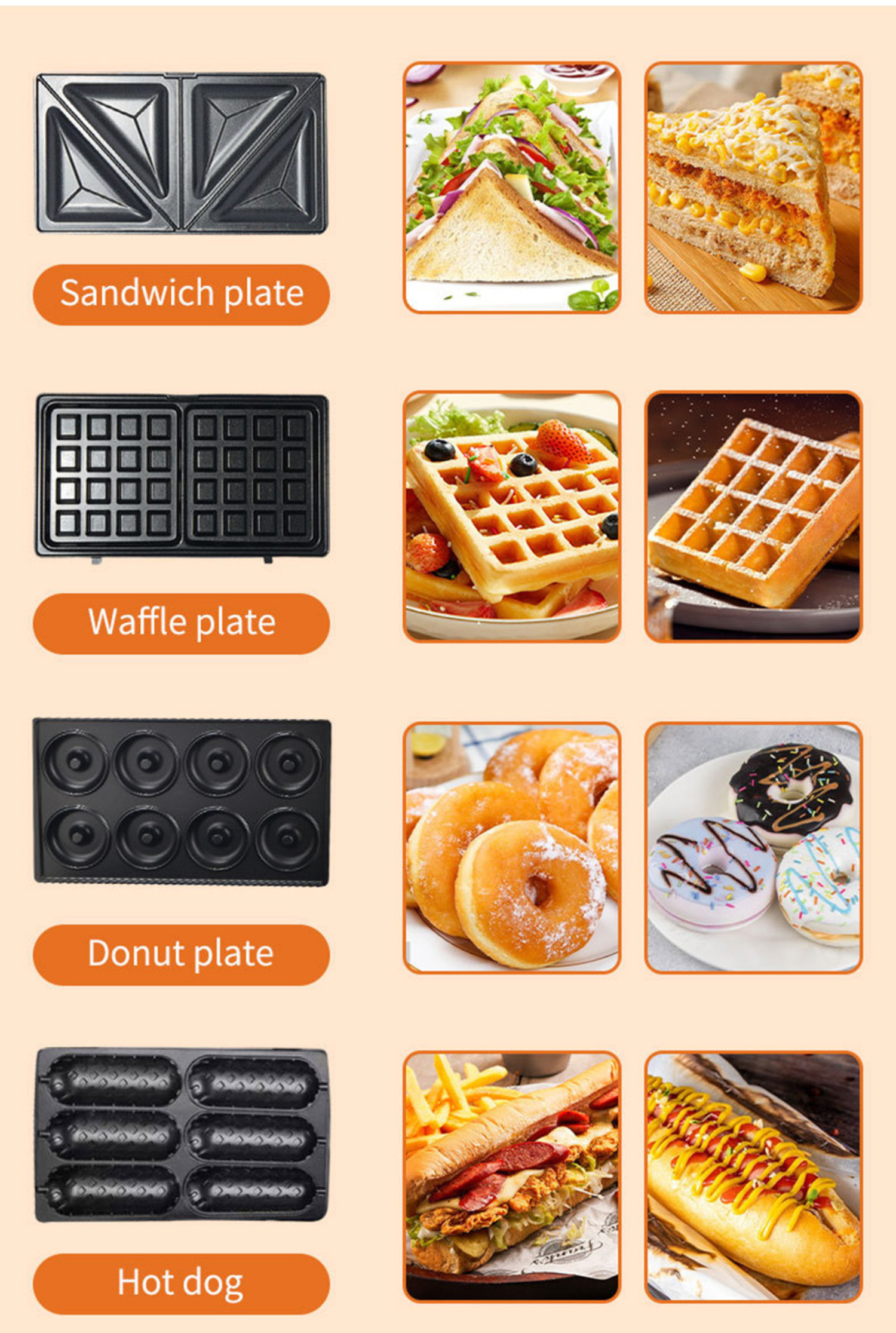 Sandwich-, Waffel-, Donut- und Hotdog-Platten mit passenden Speisen.