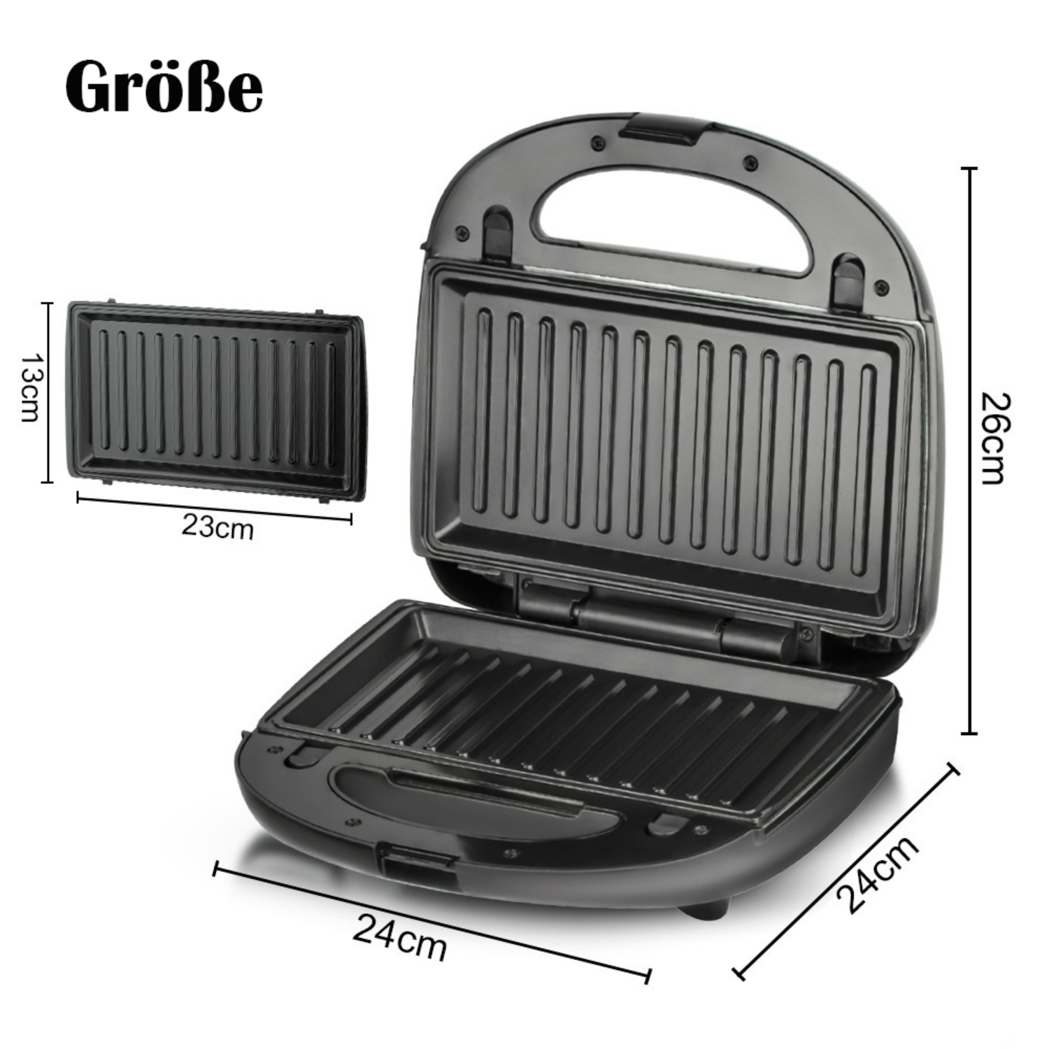 Schwarzer Sandwichmaker mit Abmessungen in cm. Geöffnet, zeigt Grillplatten.