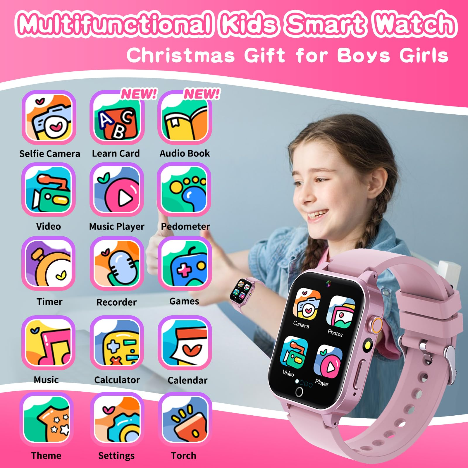 Ein Mädchen mit einer pinkfarbenen Smartwatch. Symbole für Funktionen umgeben sie: Kamera, Musik, Spiele, Video, Rechner usw.