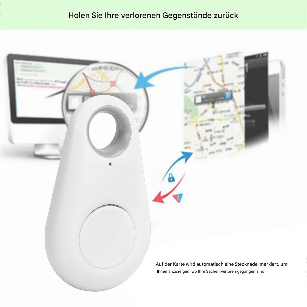 Ein weißer Tracker und eine Karte, die zeigt, wie man verlorene Gegenstände findet.