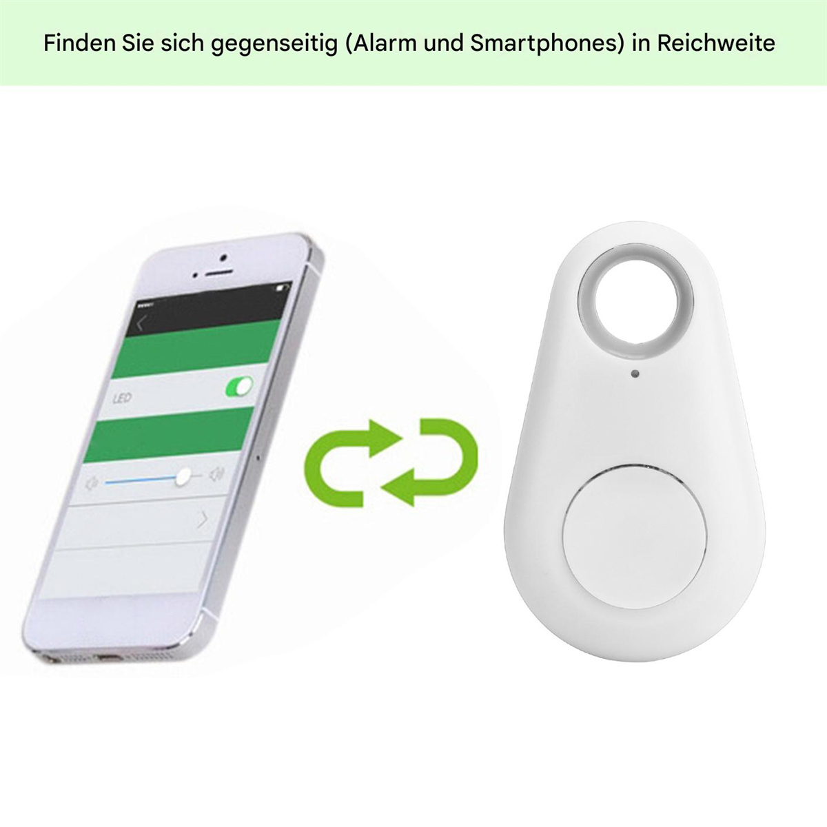 Ein weißes Ortungsgerät und ein Telefon, das eine App-Oberfläche zeigt. Telefon und Gerät sind mit Pfeilen verbunden.