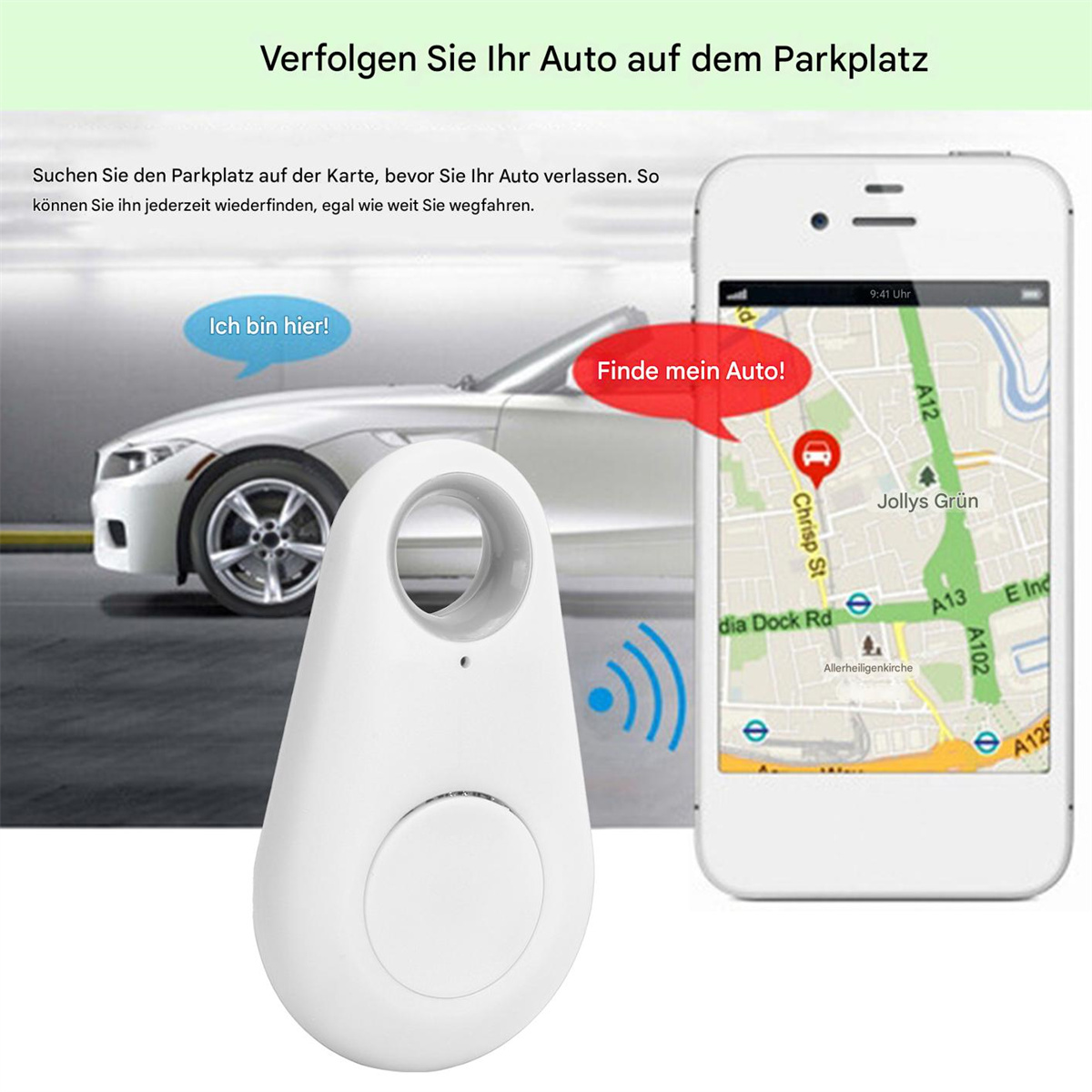Ein weißer Tracker mit einer Auto- und Telefon-Illustration, die die Tracking-App und den Standort zeigt.