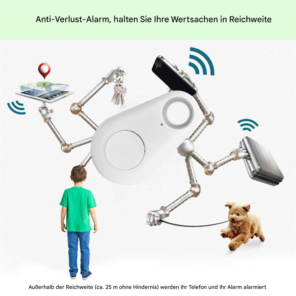 Das Bild zeigt ein Ortungsgerät mit einem Jungen, einem Hund und Technologie-Symbolen.