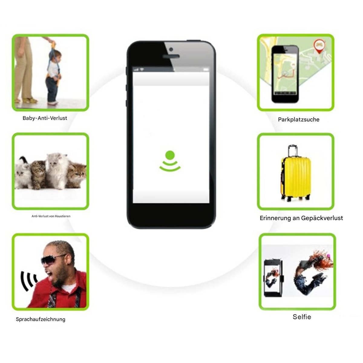 Smartphone mit Symbolen für verschiedene Funktionen: Babyschutz, Haustierverfolgung, Selfie und mehr.