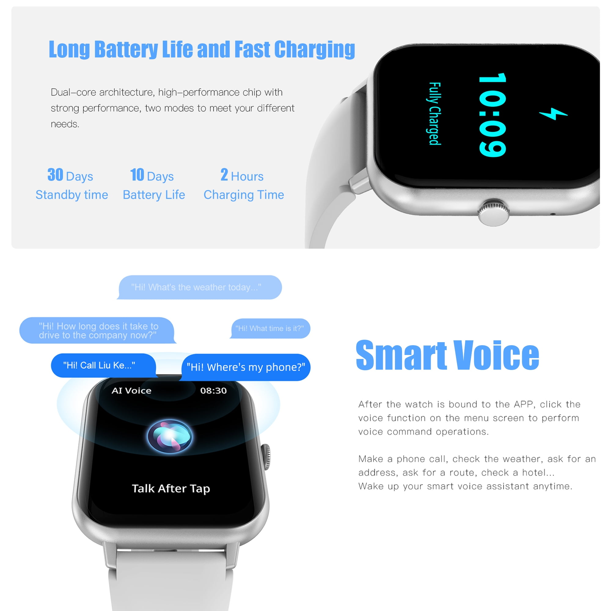 Eine Smartwatch, die die Zeit und den Akku anzeigt. Text: Lange Akkulaufzeit, intelligente Stimme und Sprachbefehle.