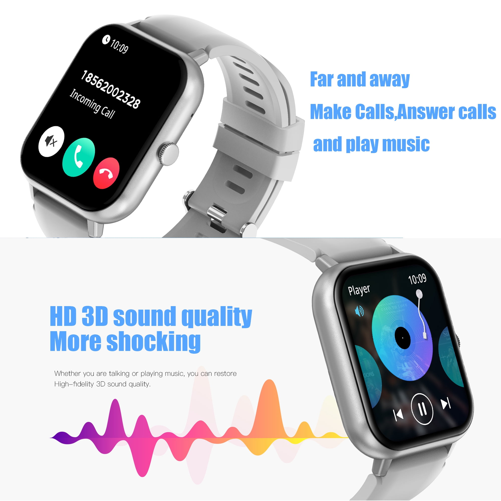 Eine Smartwatch zeigt einen eingehenden Anruf und eine Musikplayer-Oberfläche. Der Text lautet: Anrufe tätigen, Anrufe annehmen und Musik abspielen.
