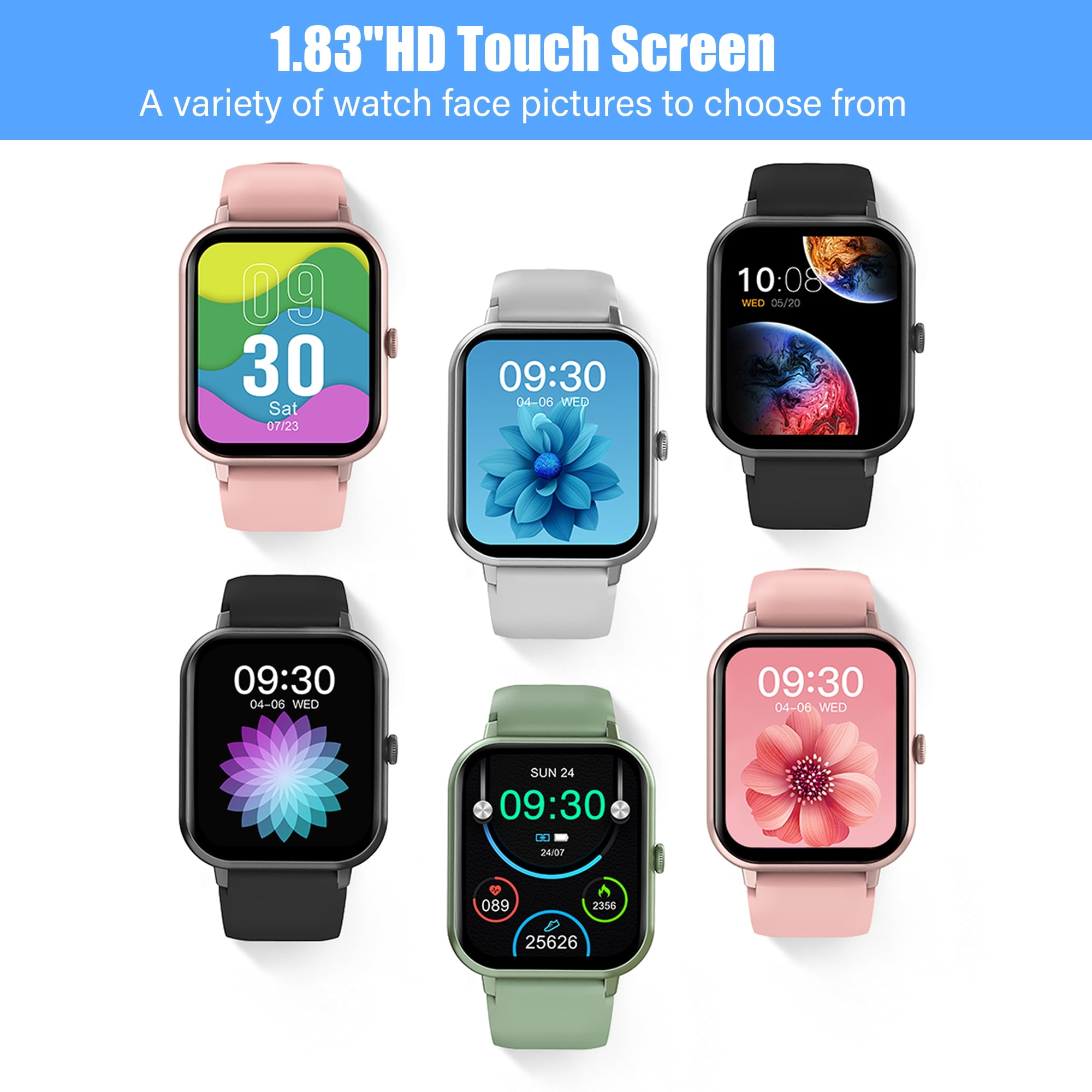 Sechs Smartwatches mit verschiedenen Zifferblättern. Zeigen Zeit und Daten an. Rosa, schwarze und grüne Armbänder.