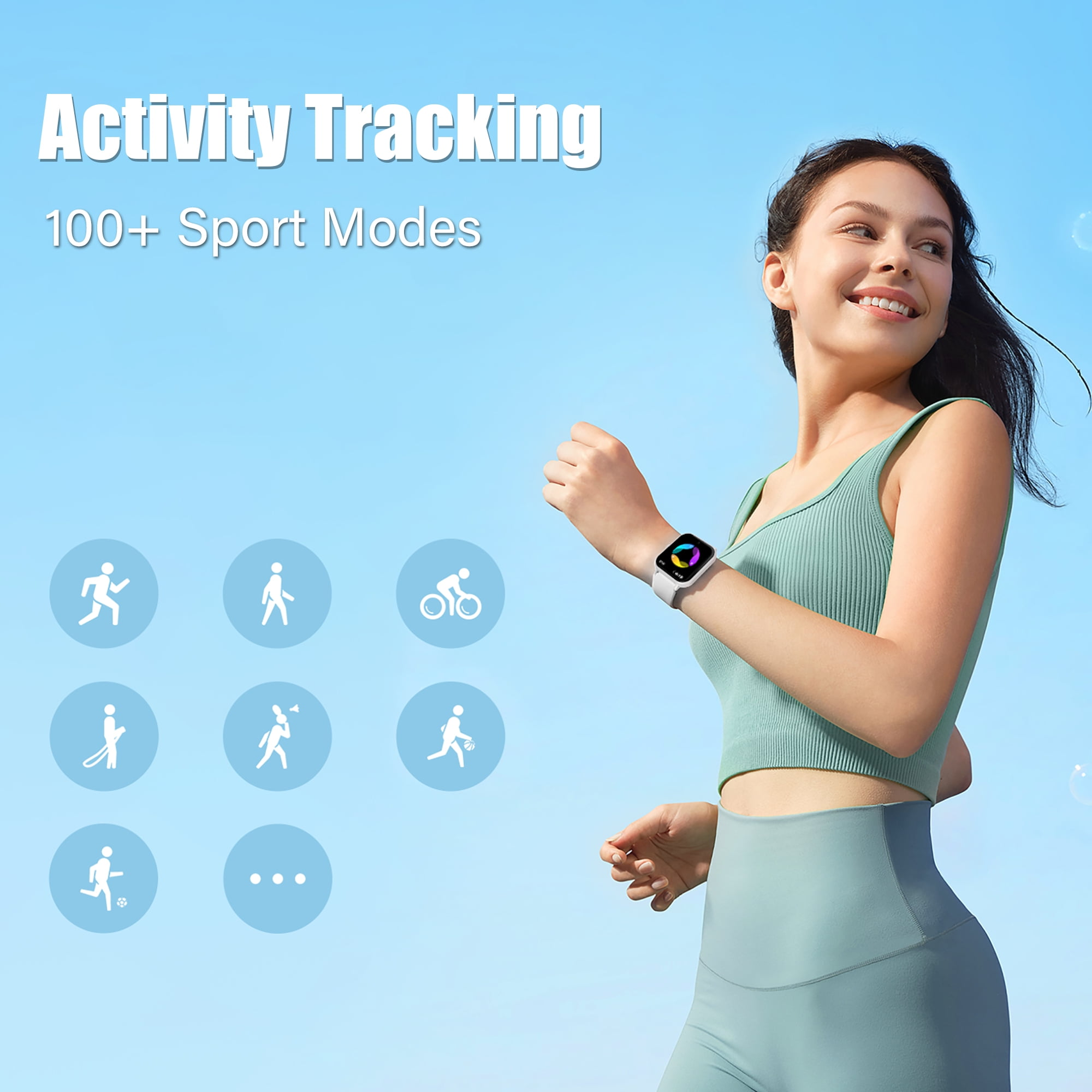 Frau, die eine Smartwatch trägt, läuft im Freien. Symbole für verschiedene Sportarten im Hintergrund.