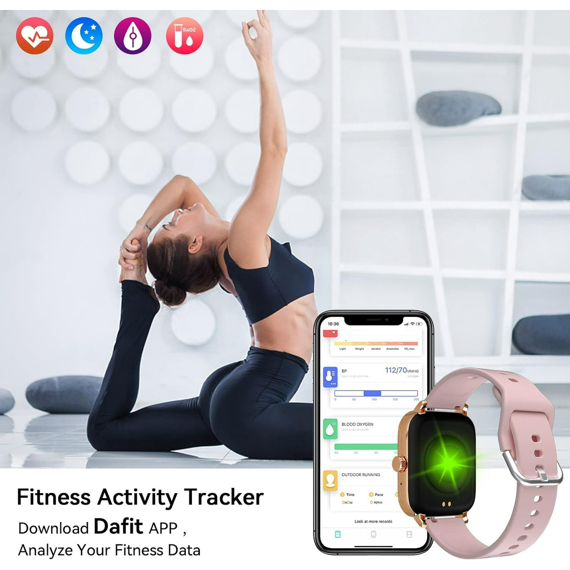 Eine Frau in Sportkleidung macht eine Yoga-Pose, mit einer Smartwatch und einem Telefon, das Gesundheitsmetriken anzeigt.