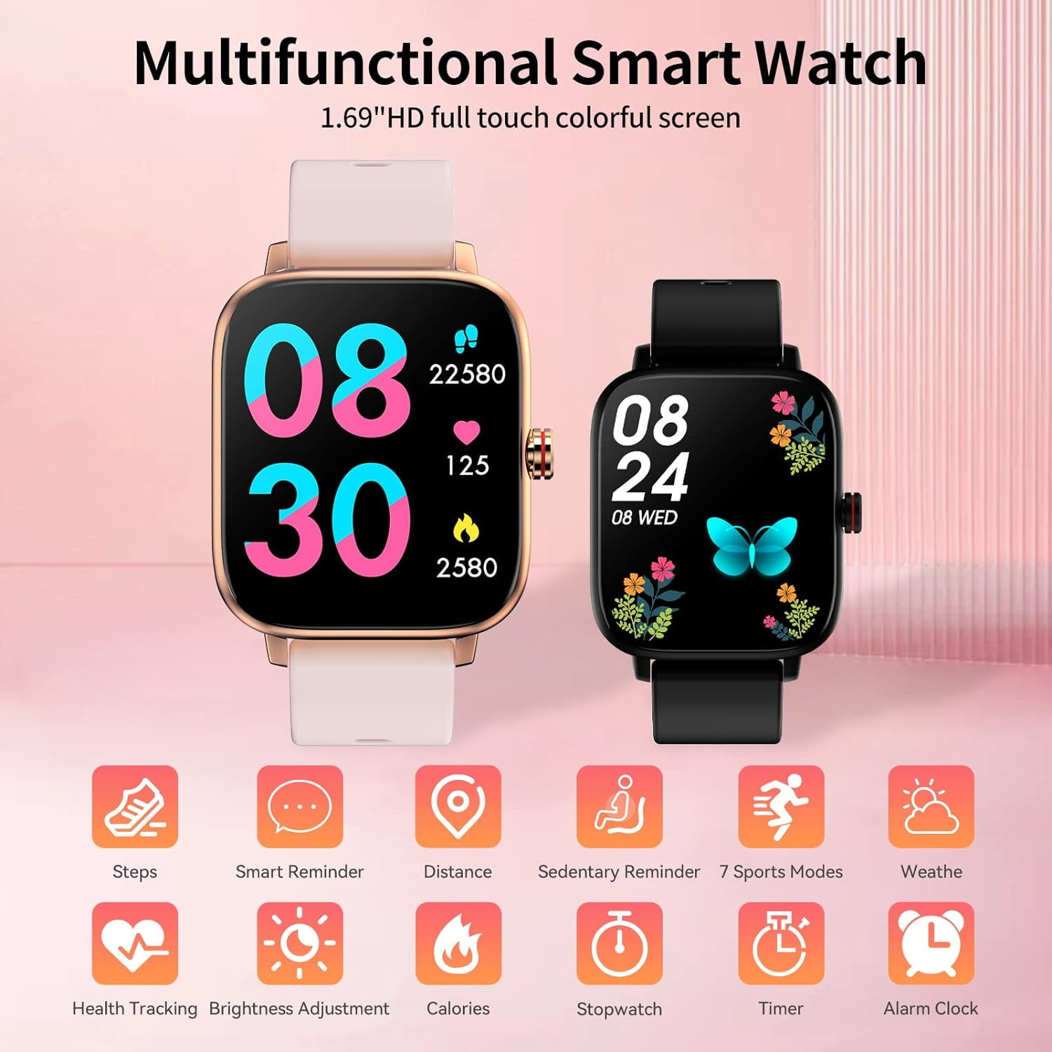 Zwei Smartwatches nebeneinander mit Anzeige von Uhrzeit, Gesundheitsverfolgungs-Symbolen und Aktivitätsverfolgung.