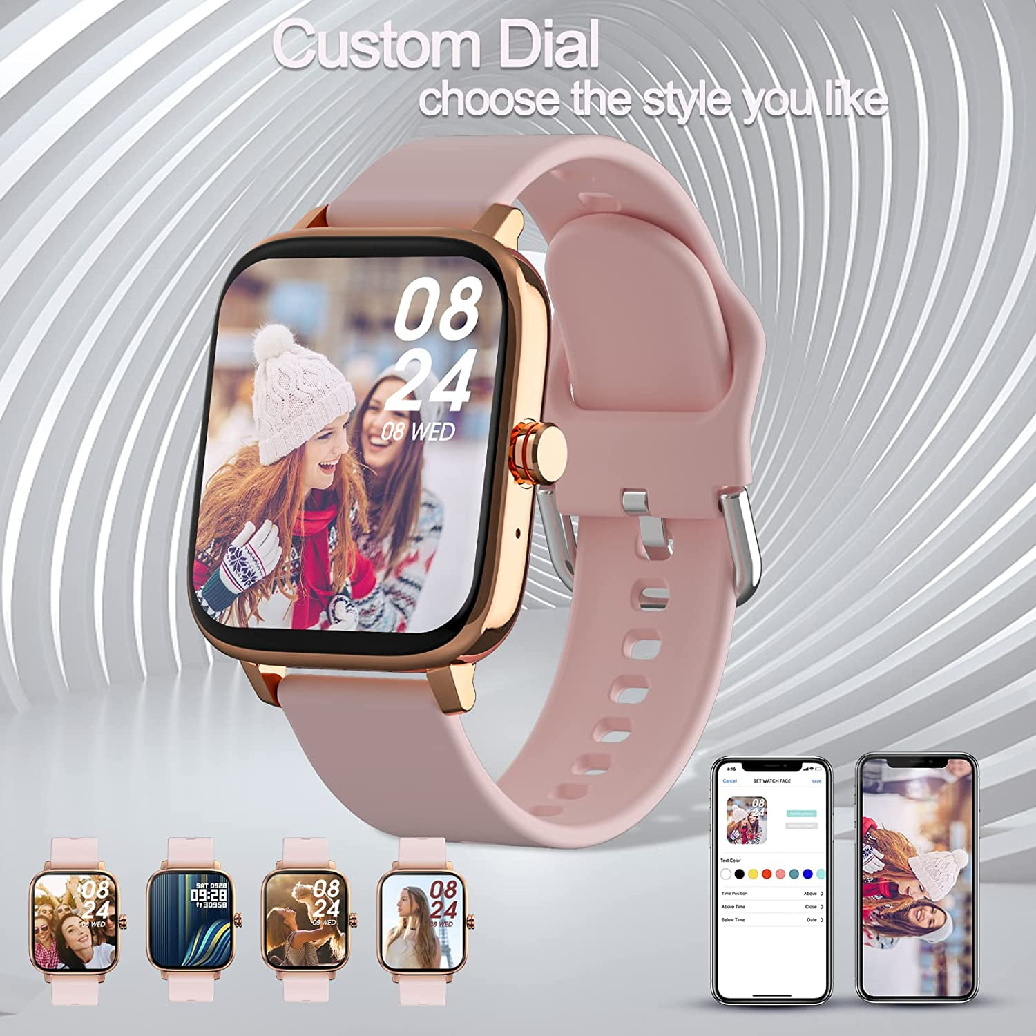 Smartwatch mit individuellem Ziffernblatt, das ein Foto anzeigt, andere Zifferblattoptionen und App-Oberfläche. Grauer Hintergrund.