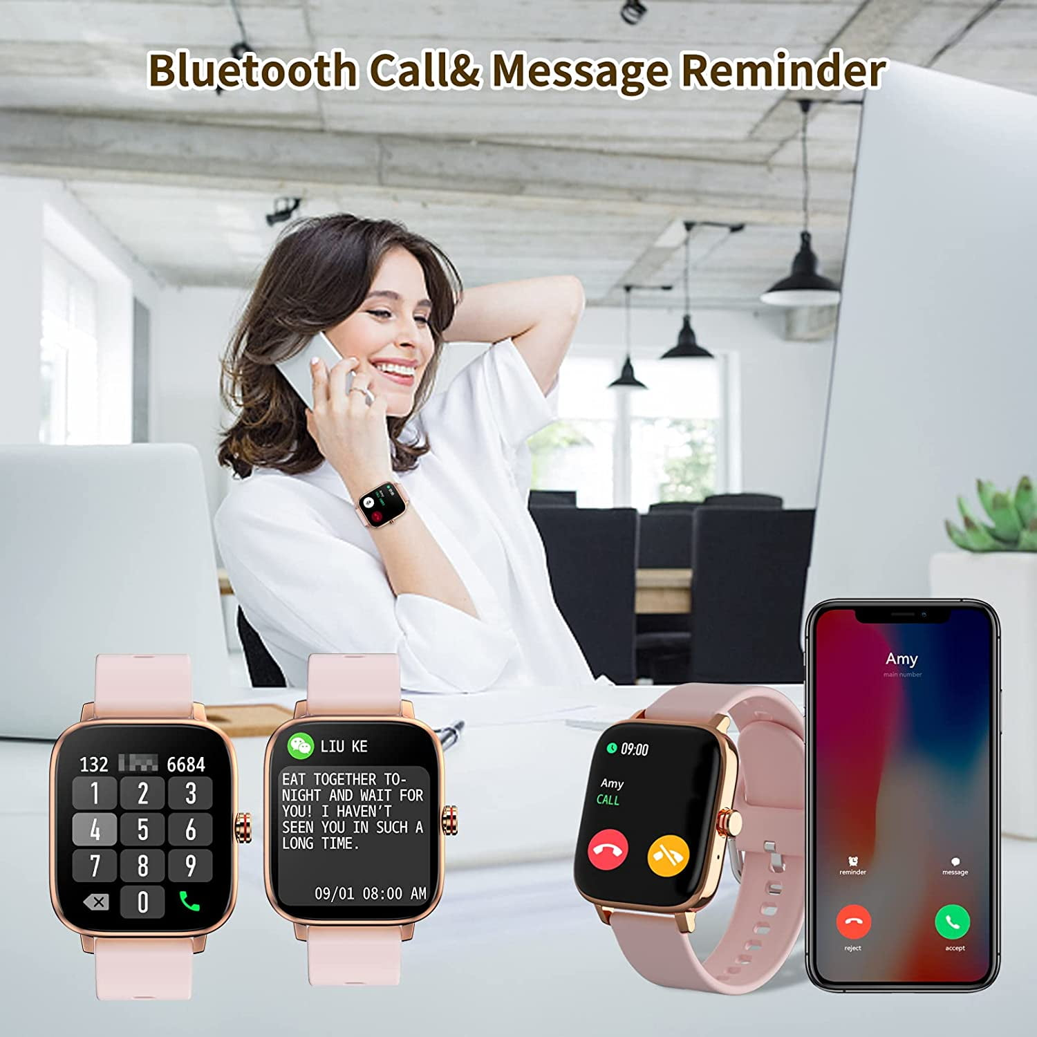 Frau telefoniert, Uhren zeigen Nachrichten, drei Smartwatches und ein Smartphone mit Anrufbildschirm.