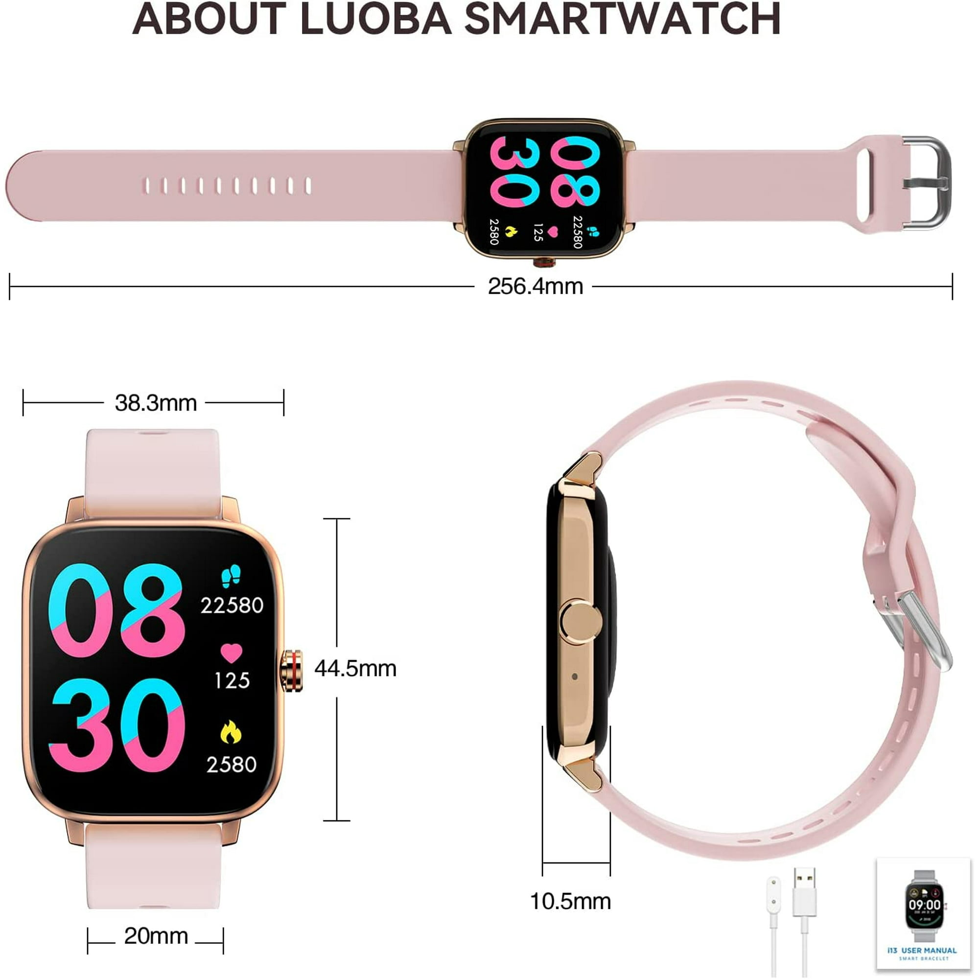 Eine rosa Smartwatch mit rechteckigem Bildschirm, Abmessungen und einem Ladekabel.