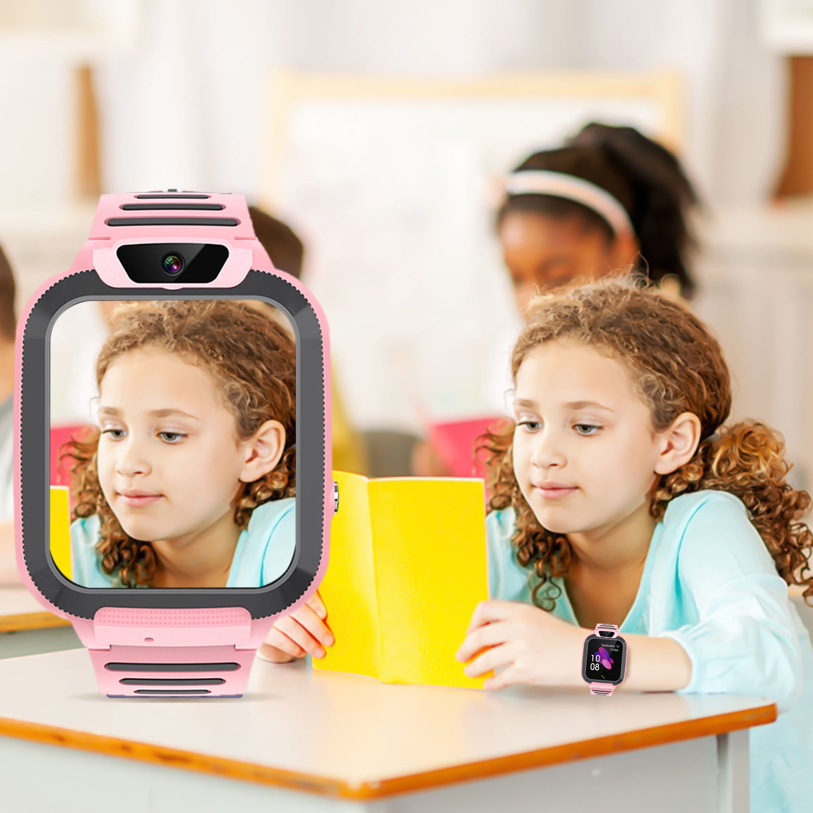 Eine rosa Smartwatch am Handgelenk eines Mädchens, das ein Buch liest.