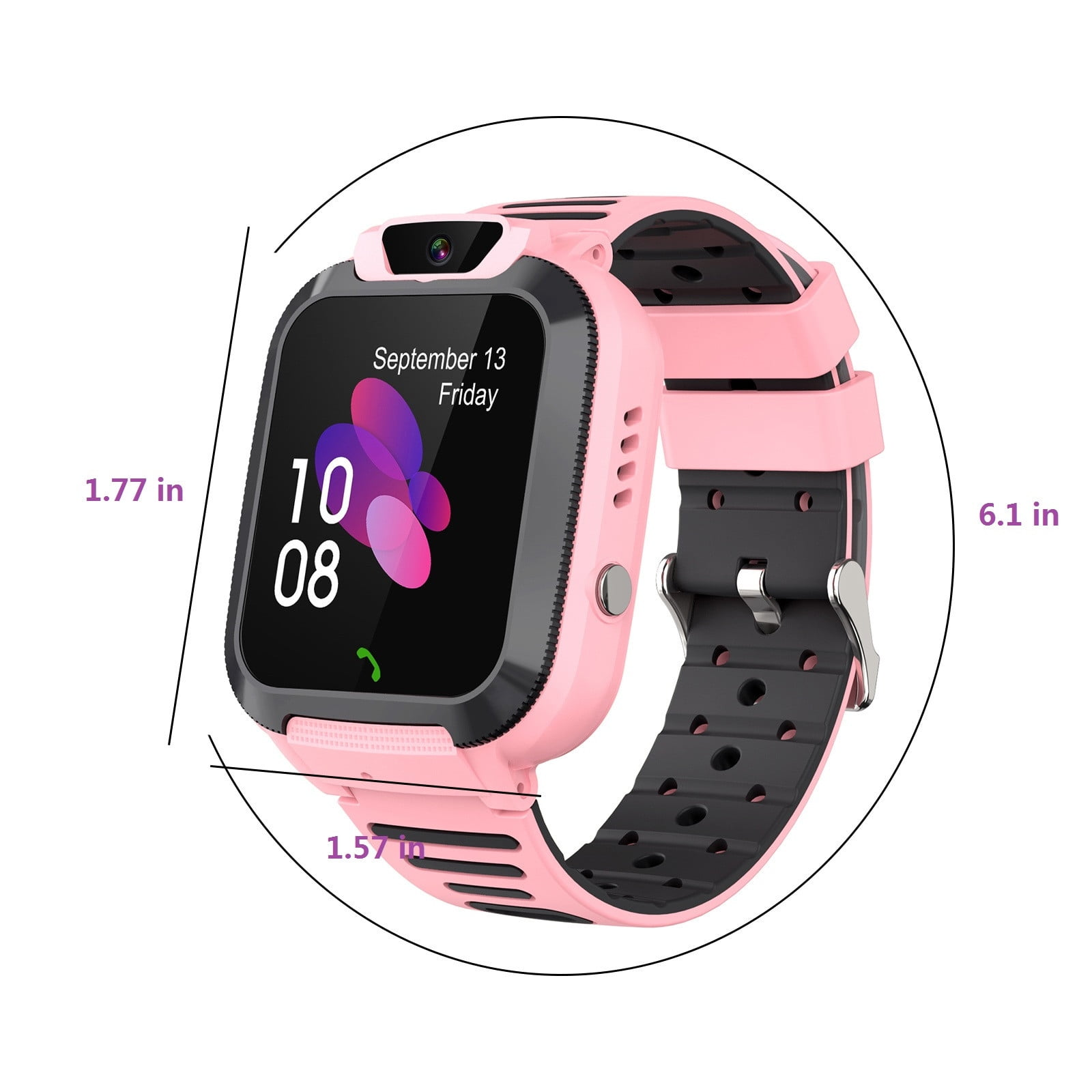 Rosa Smartwatch mit schwarzem Armband, Datum und Uhrzeit, schwarz-weißem Hintergrund.