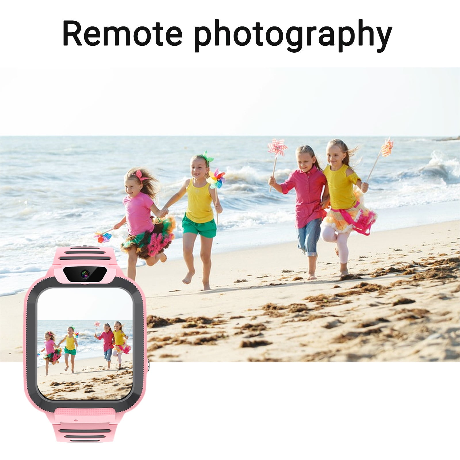 Kinder rennen am Strand, gesehen auf einem rosa Smartwatch-Bildschirm. Text: 'Remote photography'.