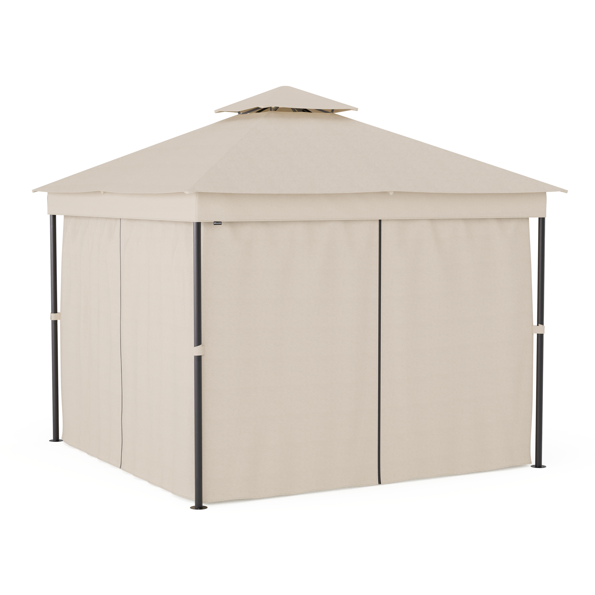 Cenador beige para exteriores sobre un fondo blanco. Postes negros y cortinas beige.