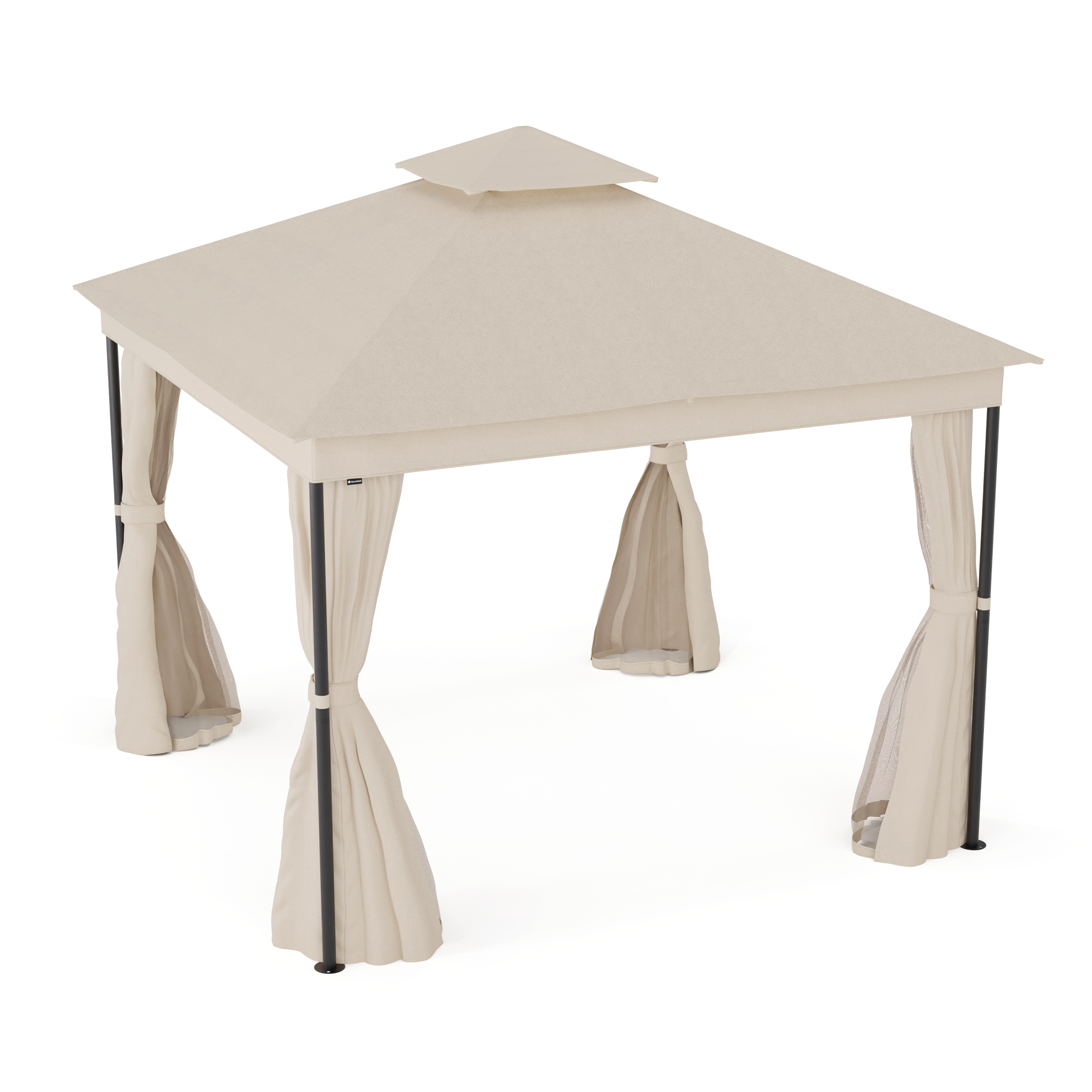 Cenador beige con cortinas, postes negros y fondo blanco.