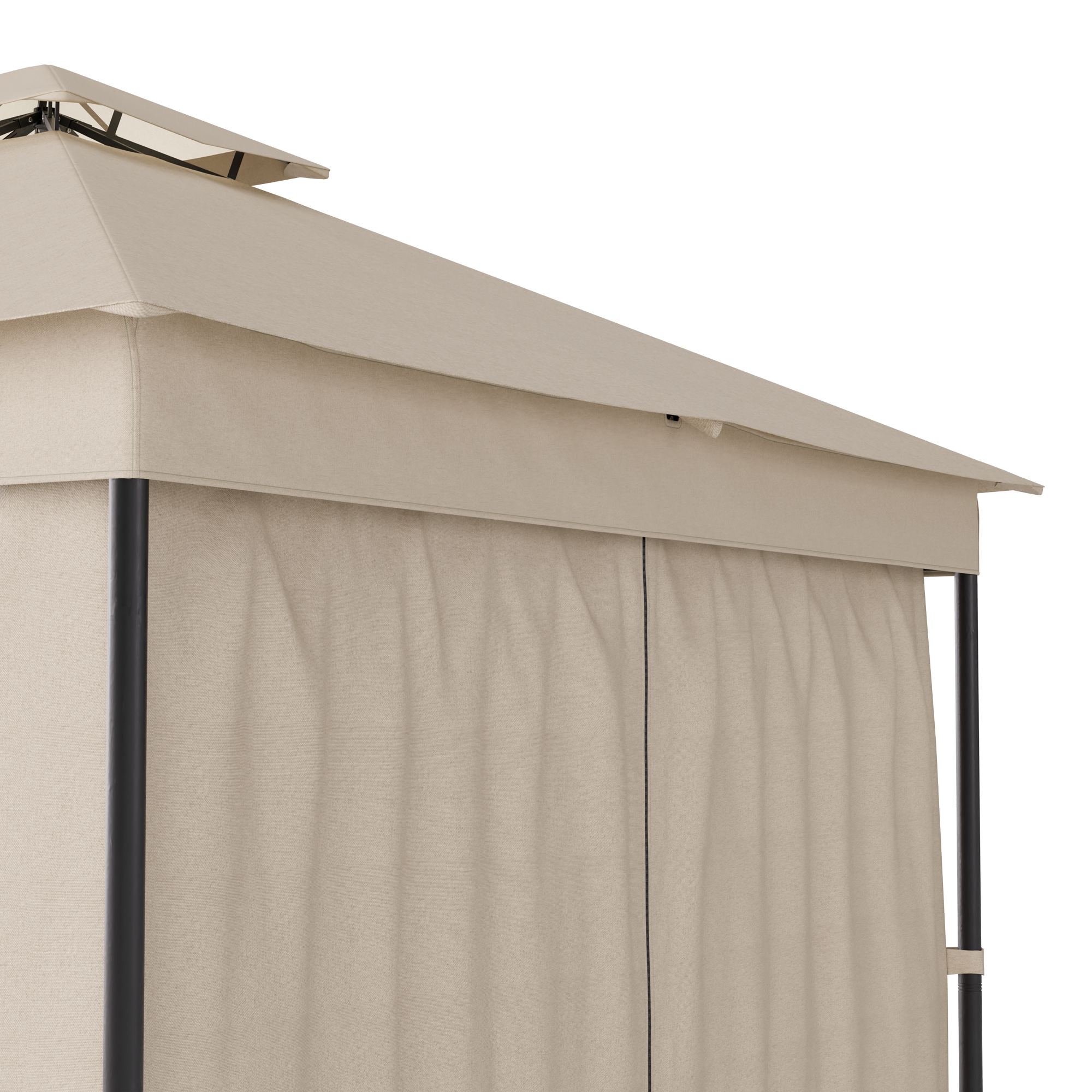 Primer plano de la parte superior de una glorieta beige y cortinas beige, contra un fondo blanco.