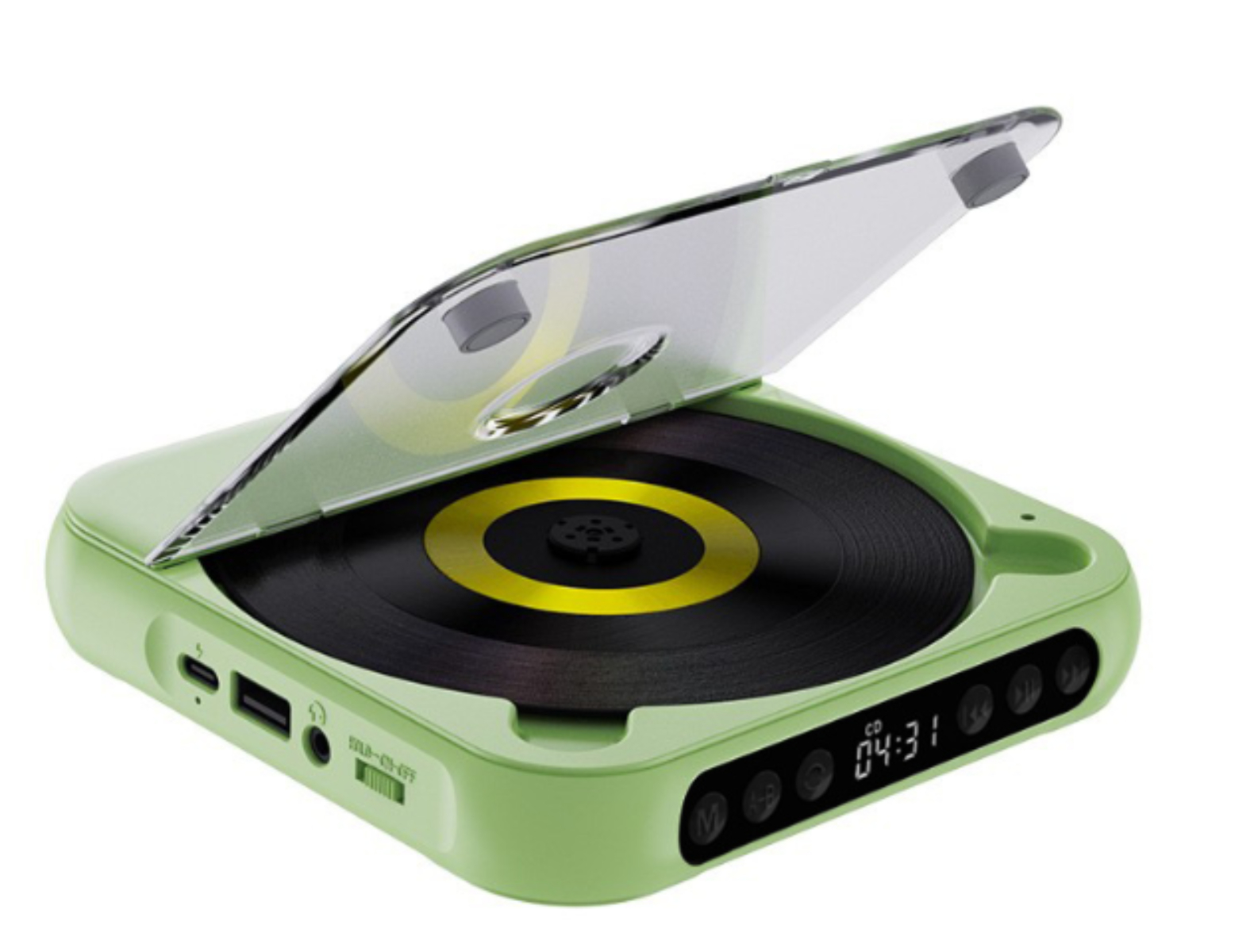 Ein grüner tragbarer CD-Player mit geöffnetem transparenten Deckel. Das Display zeigt die Zeit an.
