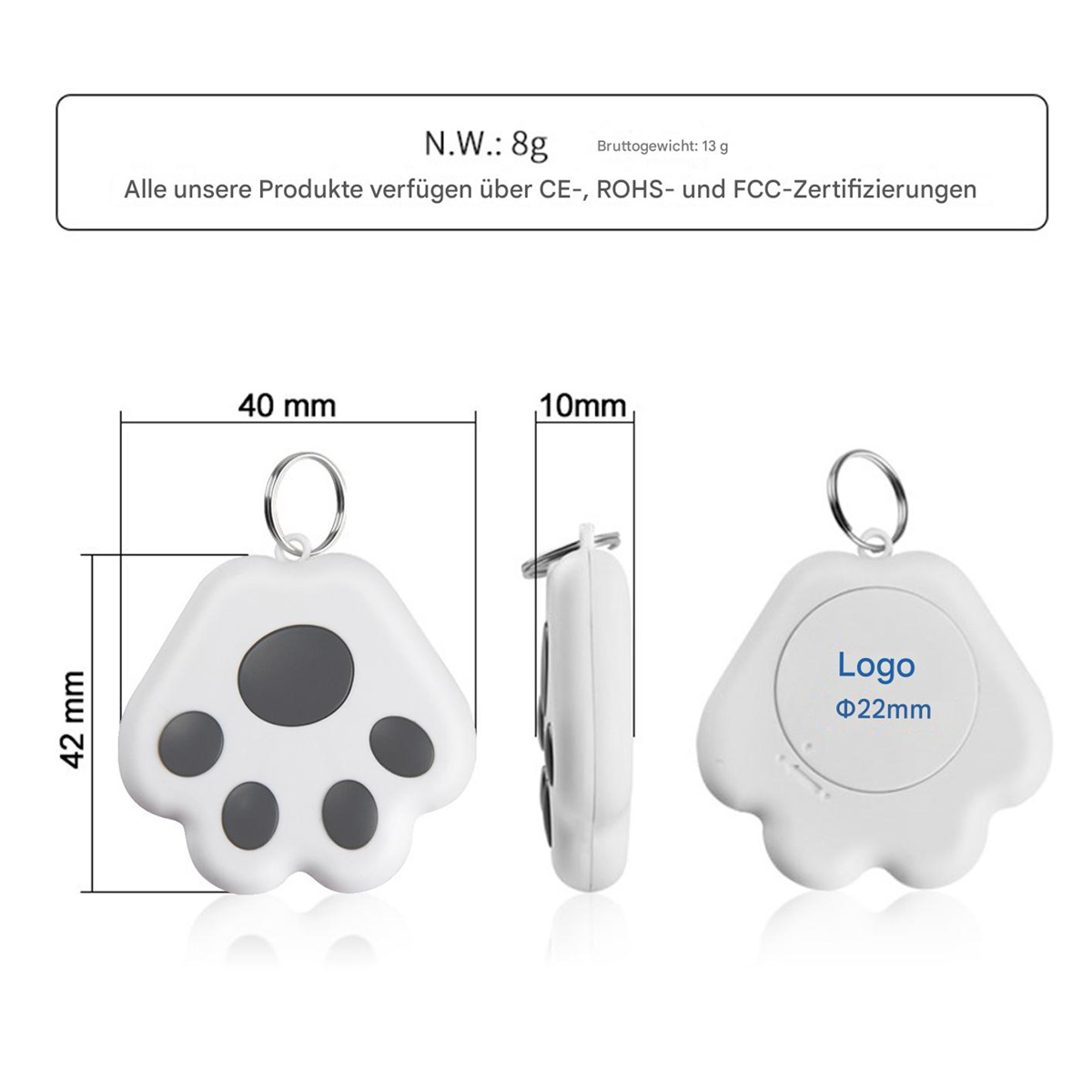 Weißer Haustier-Tracker in Pfotenform, mit Abmessungen und Logo auf der Rückseite.
