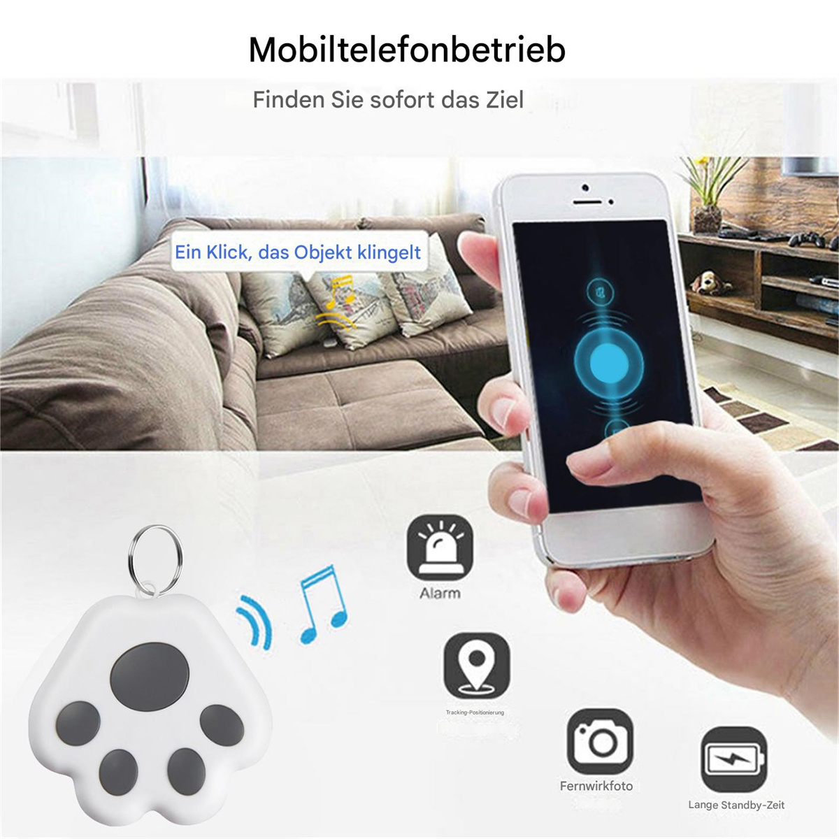 Weißer pfotenförmiger Tracker mit Telefon, Icons für Alarm, Standort und Foto.