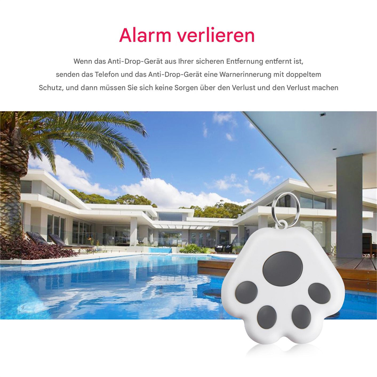 Weißer pfotenförmiger Tracker mit Pool im Hintergrund. Text weist auf Verlustalarm hin.