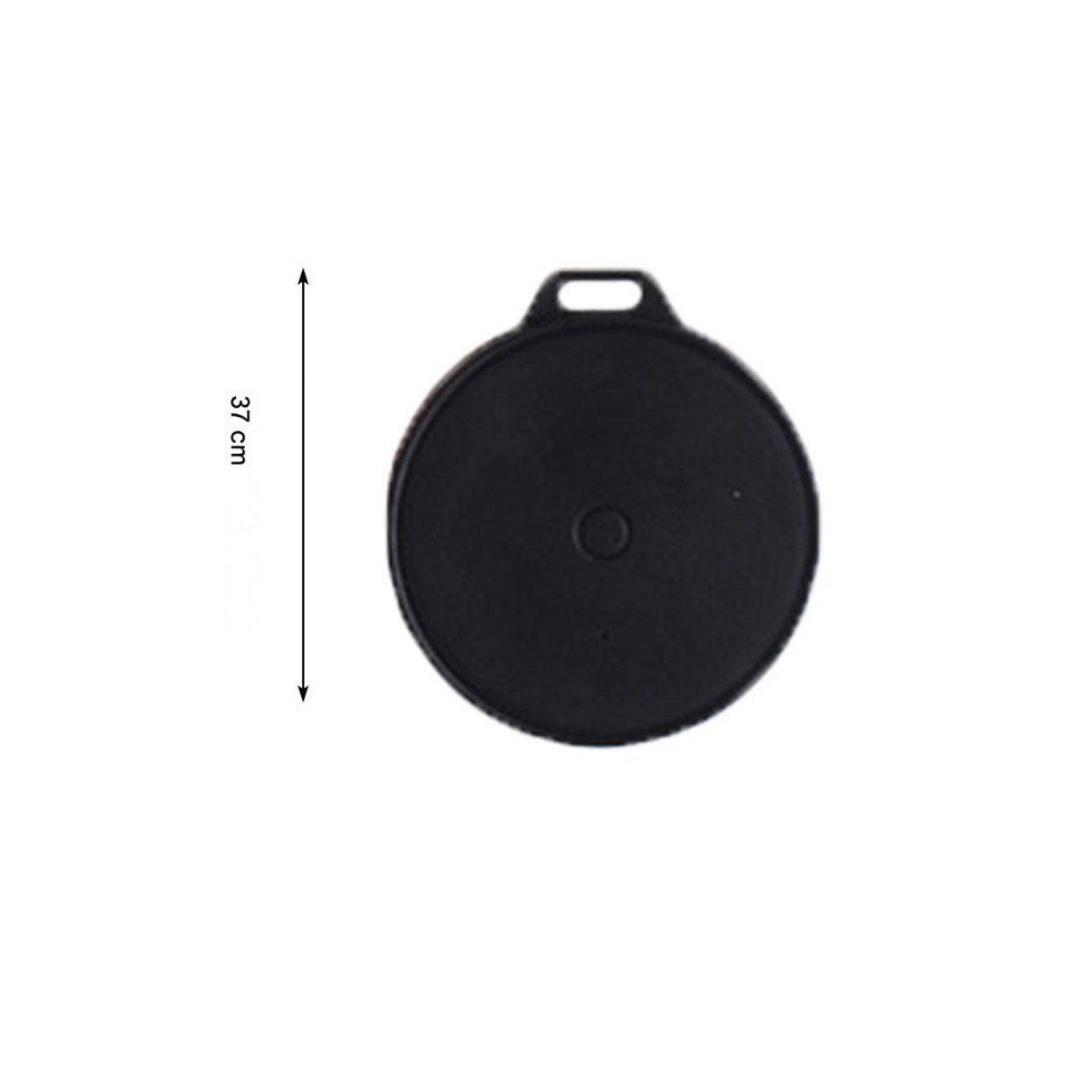 Eine schwarze, runde Grillpfanne auf einer weißen Oberfläche, die ihre Form und das 37 cm Maß zeigt.