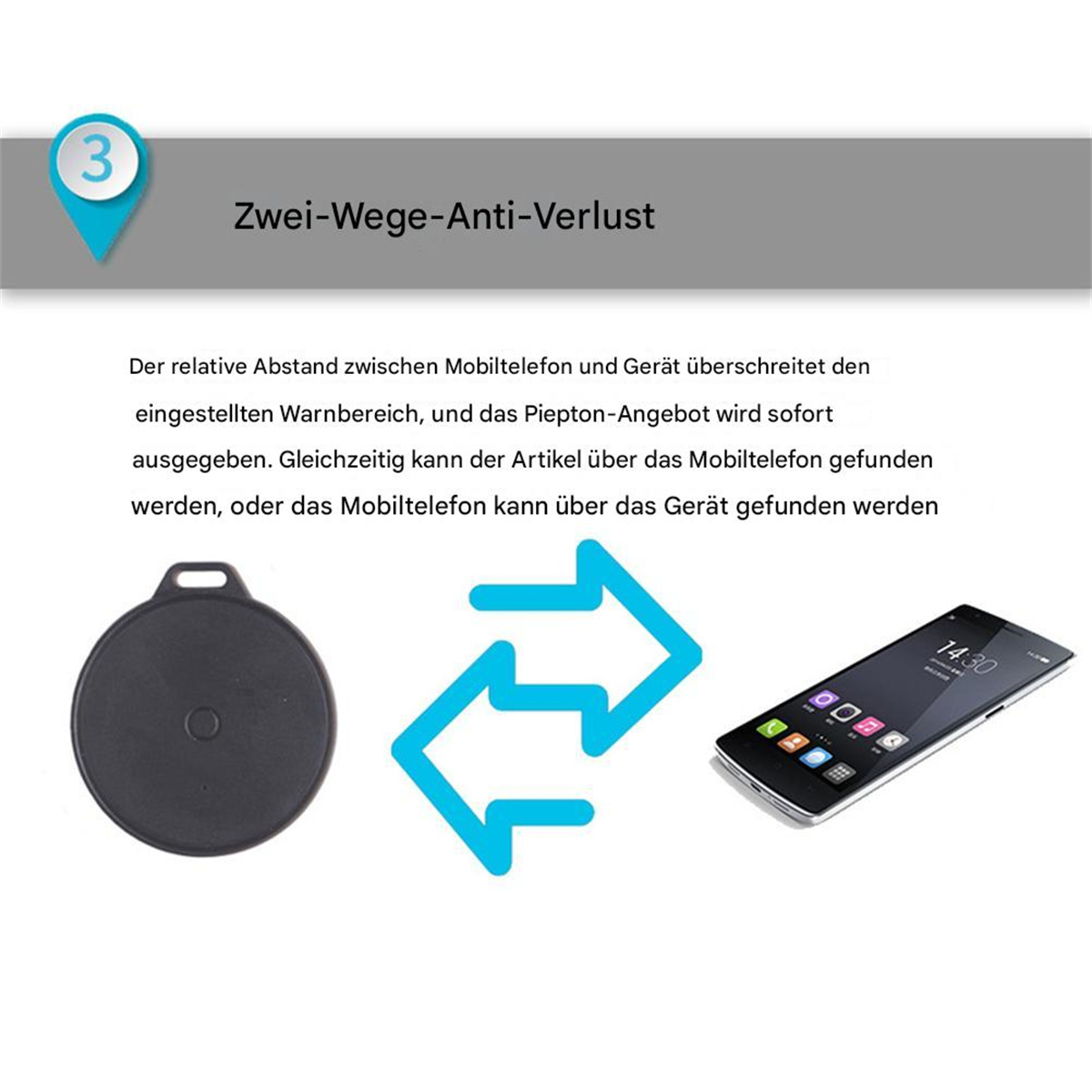 Diagramm mit rundem, schwarzem Gegenstand, Pfeilen und Telefon, zeigt Zwei-Wege-Anti-Verlust-Funktion.