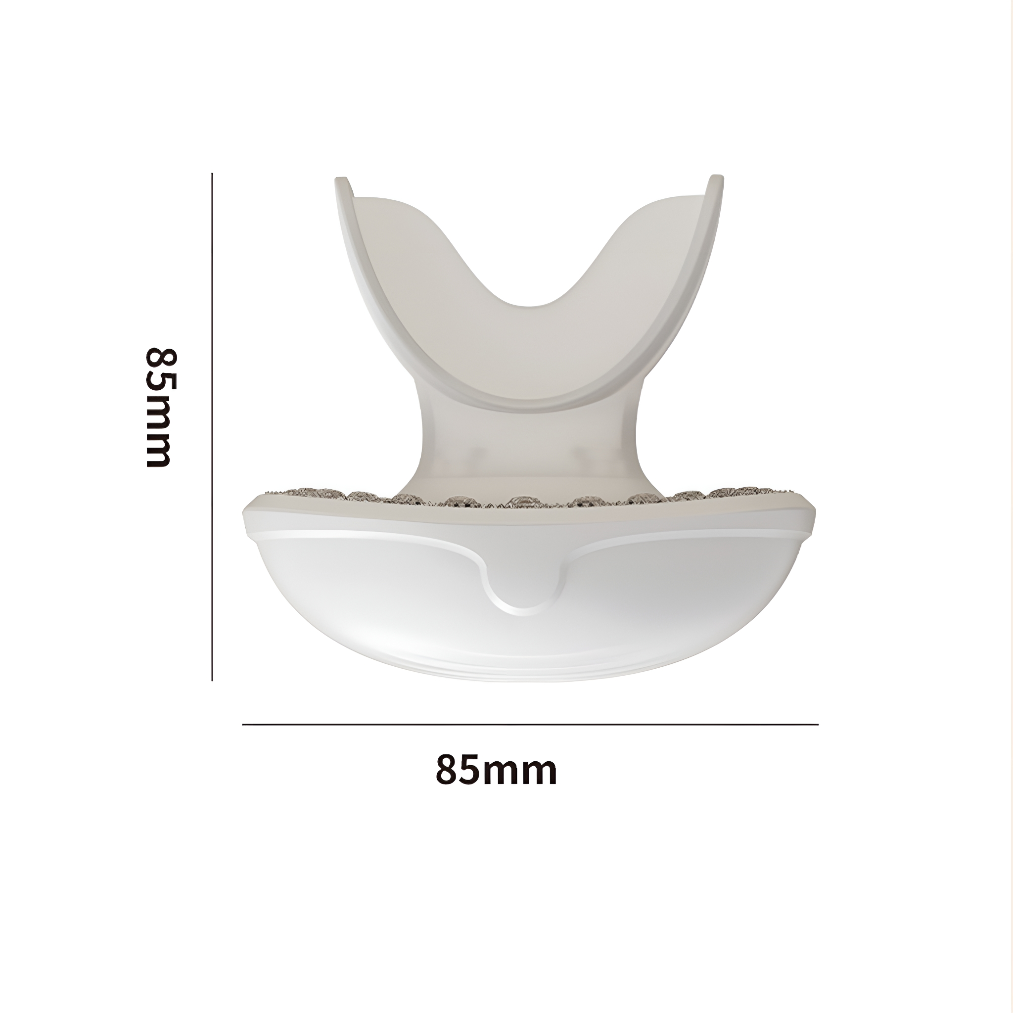 Weißes, gebogenes Objekt, möglicherweise ein Ständer, mit den Maßen 85mm x 85mm.