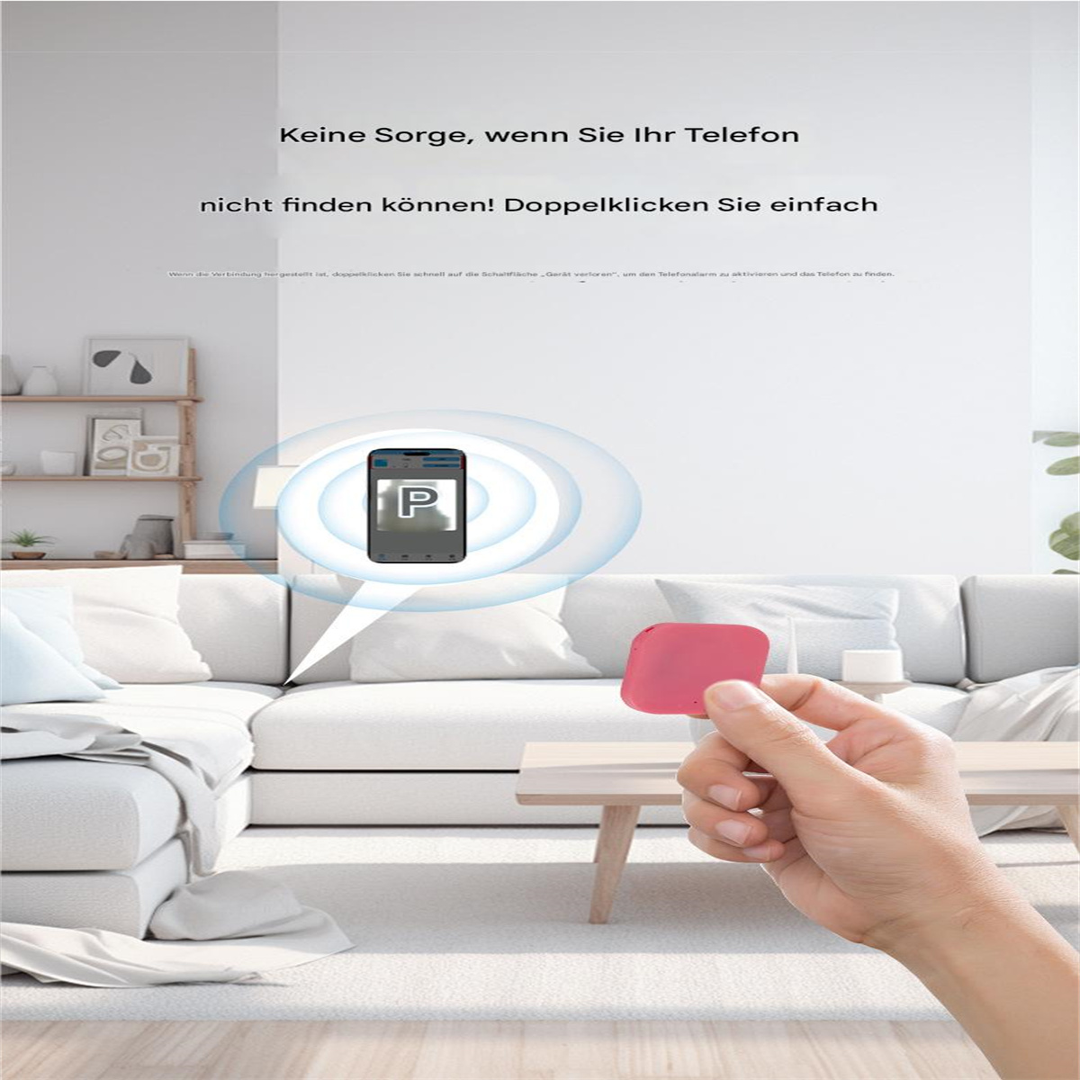 Person hält rosa Gerät, Telefon zeigt App, in Wohnzimmer.