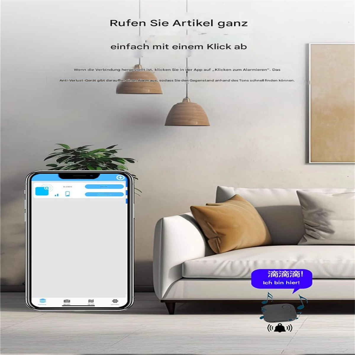 Ein Smartphone, das eine App-Oberfläche in der Nähe einer Heimszene mit Sofa und Pendelleuchten anzeigt.