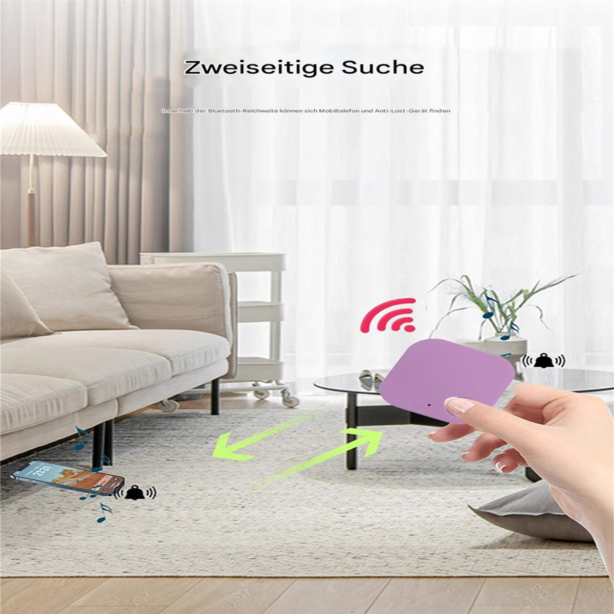 Hand, die ein lila Gerät hält, mit Pfeilen, die die Funktion des Geräts in einem Raum anzeigen.