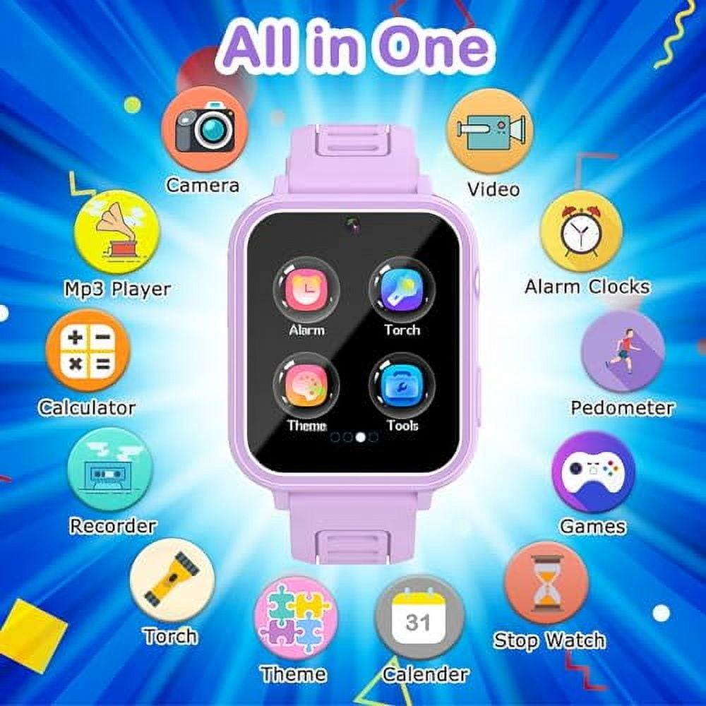 Lila Smartwatch mit Symbolen: Kamera, Video, Wecker, Rechner, Schrittzähler, Spiele usw.