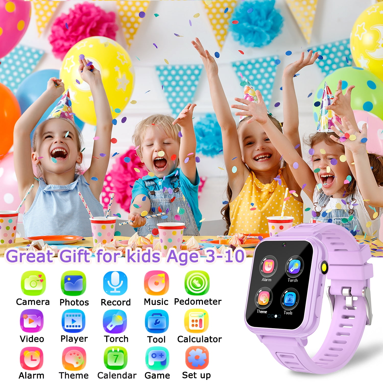 Kinder mit Partyhüten werfen Konfetti in der Nähe einer hellvioletten Smartwatch.