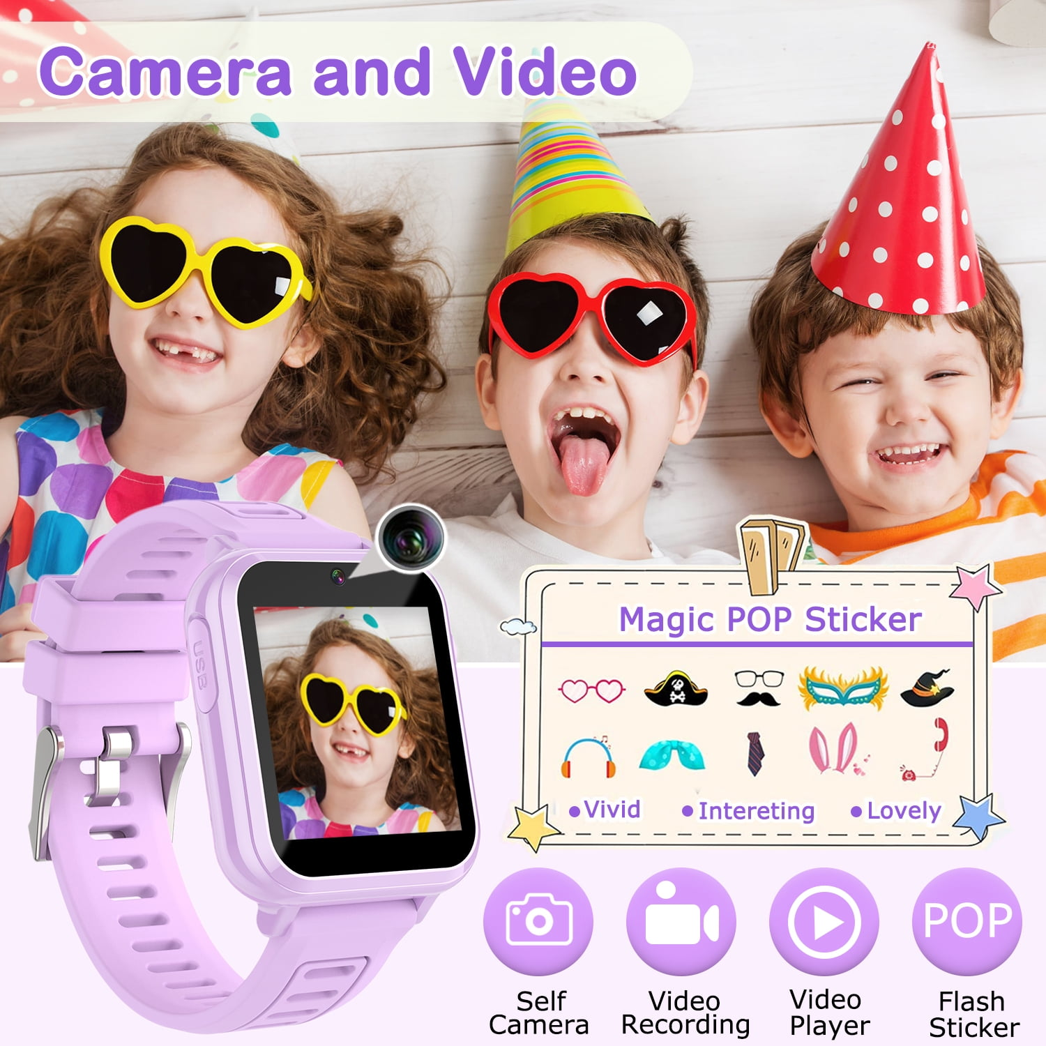 Kinder mit Sonnenbrillen betrachten eine Smartwatch mit Kamera. Aufkleber sind ebenfalls im Bild.