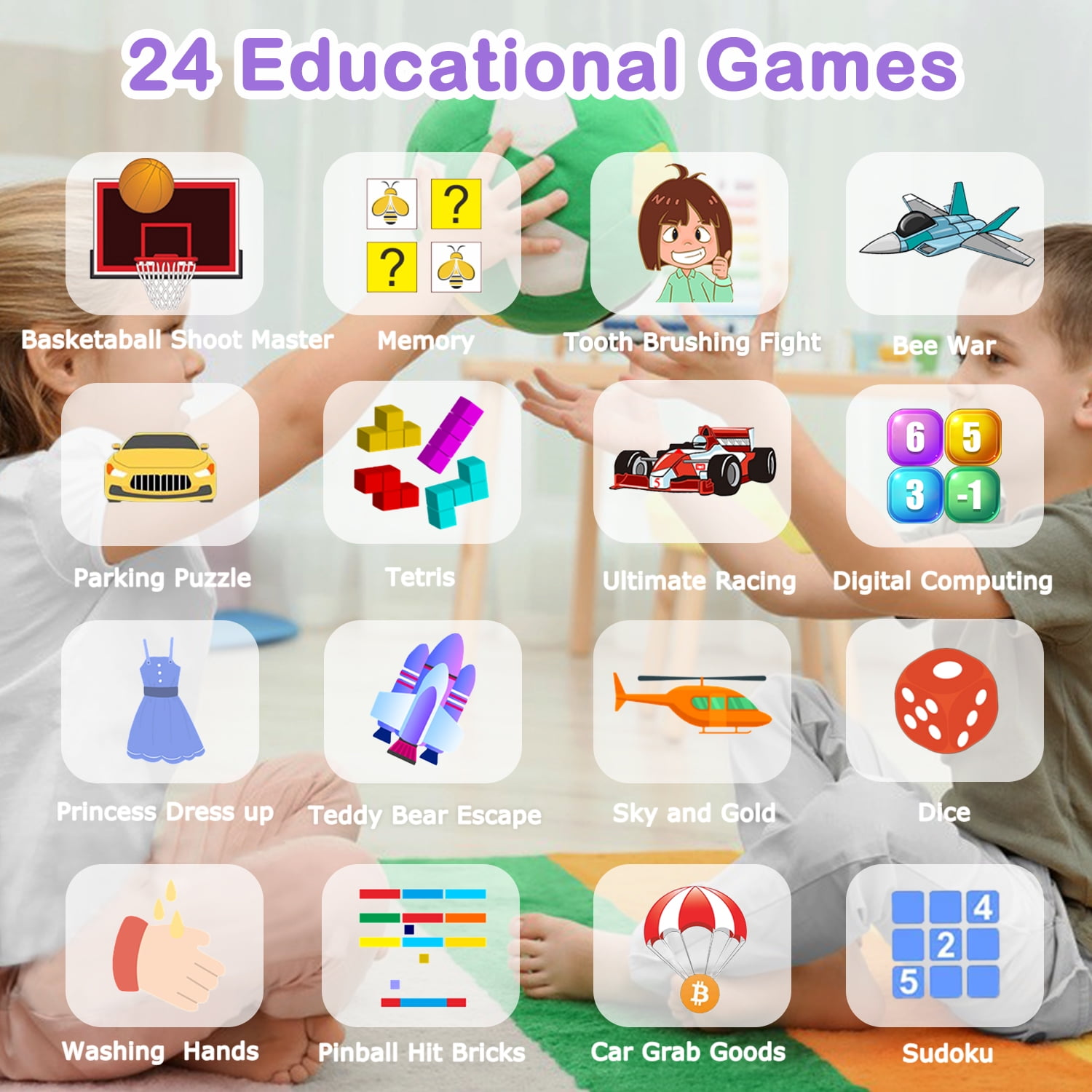 24 Icons für Lernspiele: Basketball, Memory, Zähneputzen, Bienenkrieg, Rennen usw. Kinder im Hintergrund.