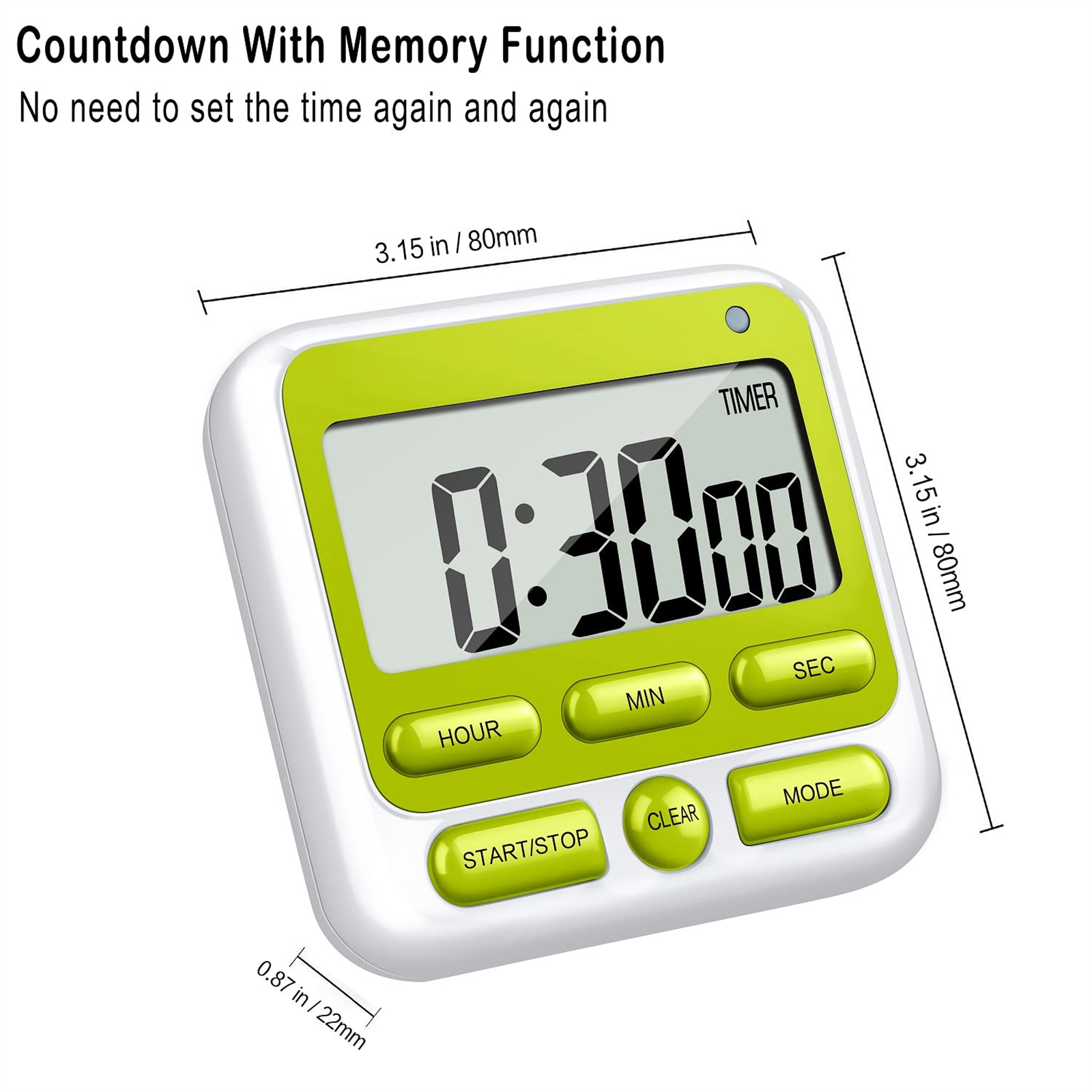 Weißer und grüner digitaler Timer. Zeigt 0:30. Hat Stunden-, Min-, Sek-, Start/Stopp-, Clear- und Modus-Tasten.